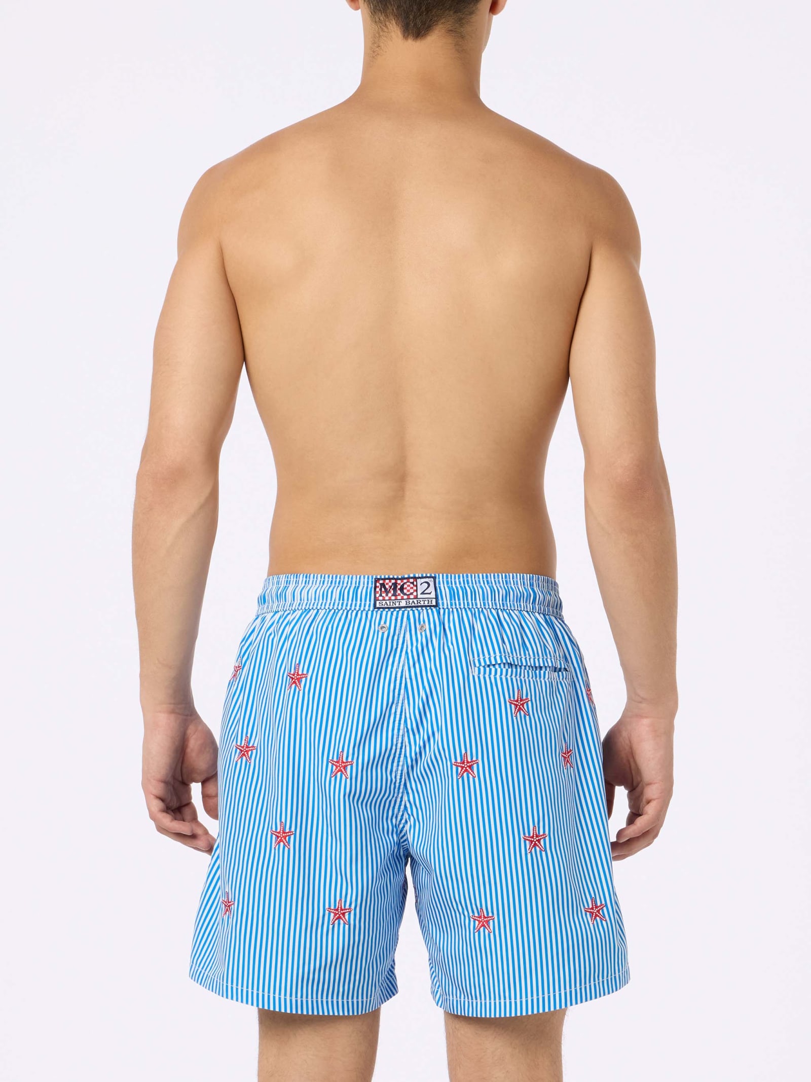 Shop Mc2 Saint Barth Man Lightweight Fabric Swim-shorts Lighting With Seastars Embroidery In Blue