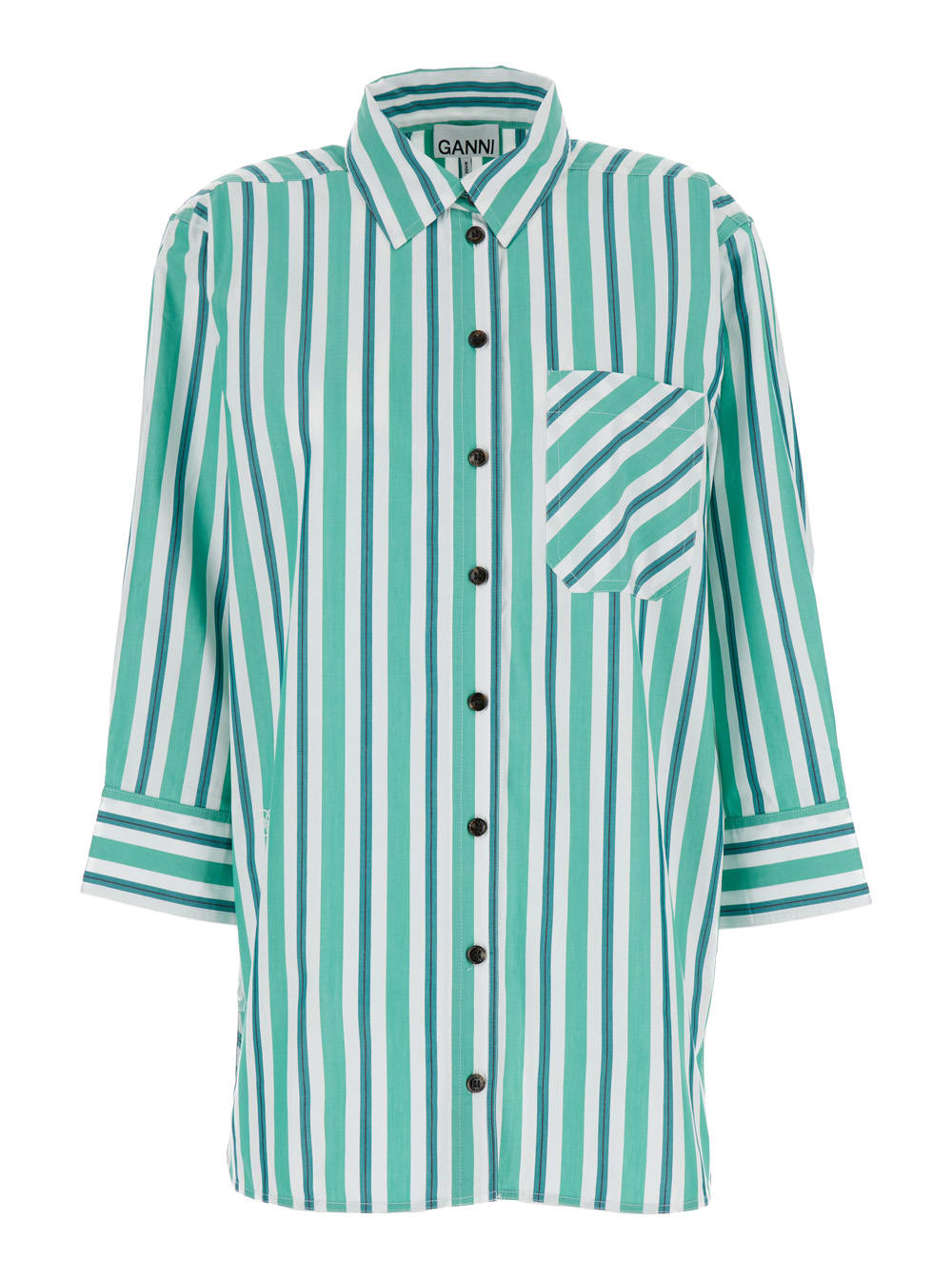 Shop Ganni Green Striped Shirt In Organic Cotton Woman
