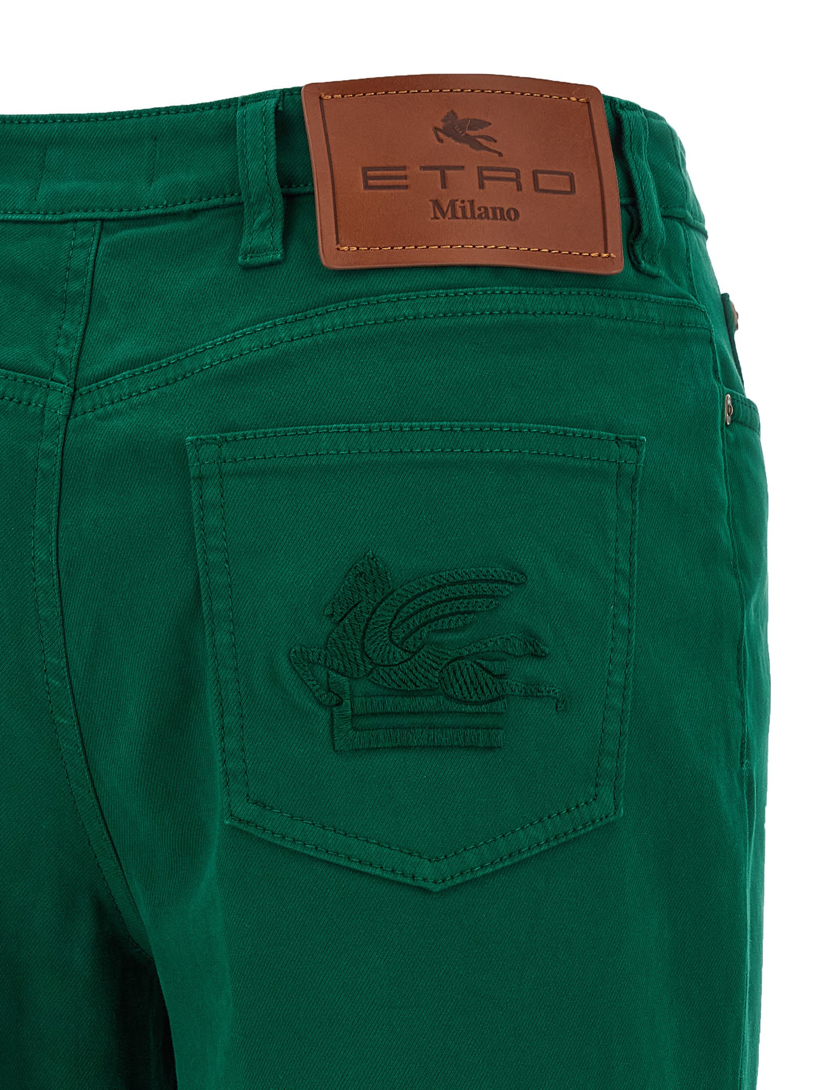Etro Embroidered-logo Back-patch Trousers In Green