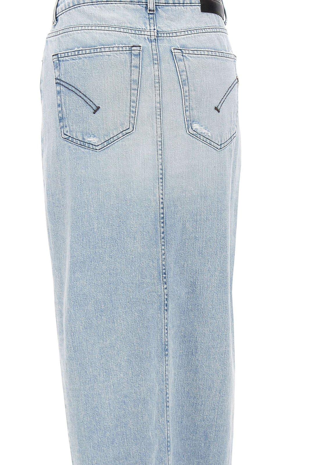 Shop Dondup Distressed Asymmetric Hem Midi Denim Skirt In Blu