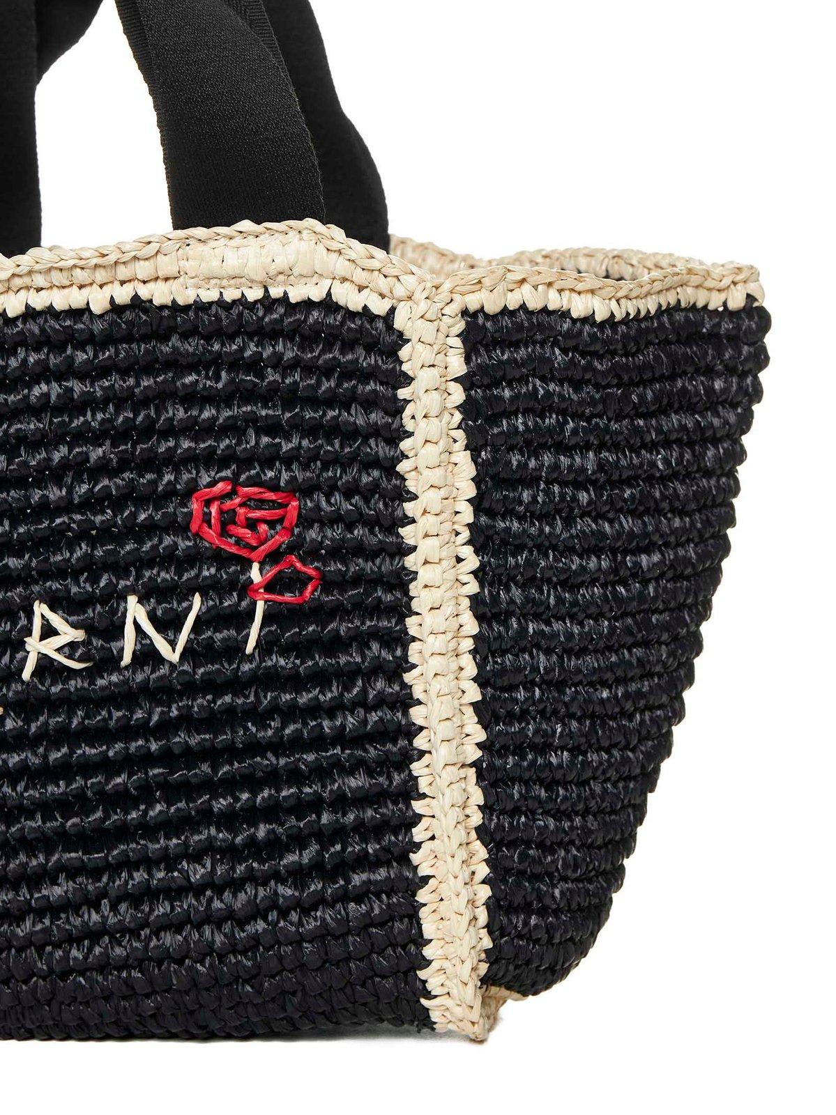 Shop Marni Logo Embroidered Woven Top Handle Tote In Nero/bianco