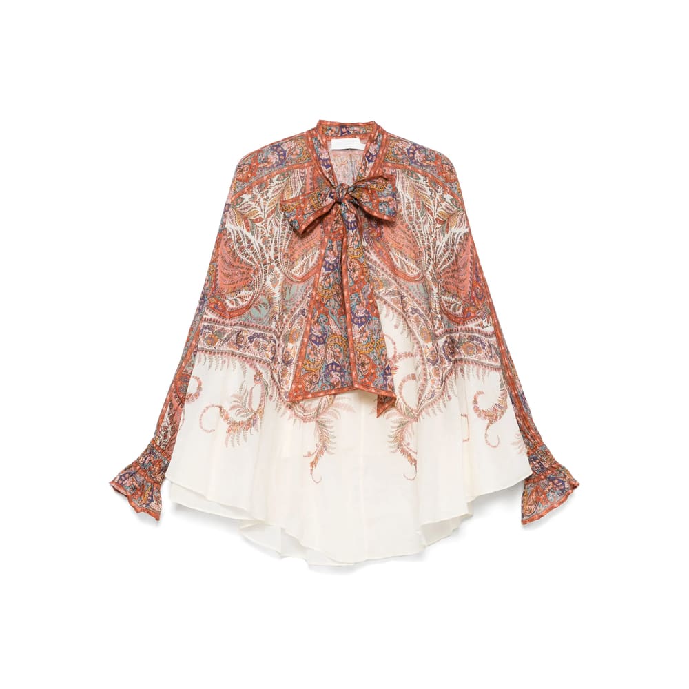 Zimmermann Rhiannon Tie Neck Blouse Cream Paisley In Brown