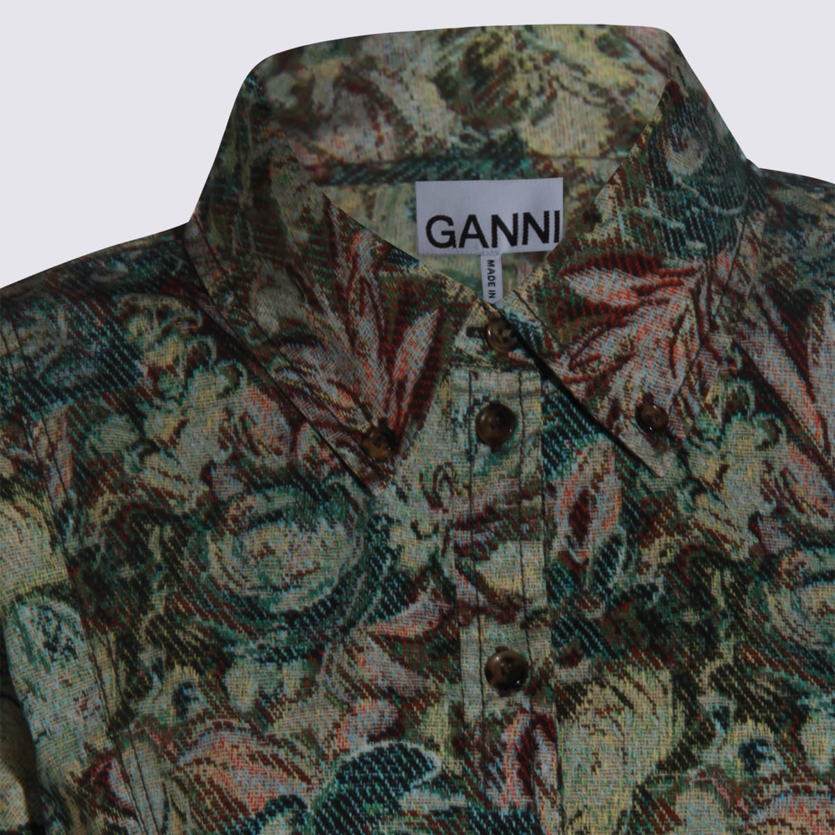 Ganni Floral Long Sleeve Dress With Pleated Skirt In Green
