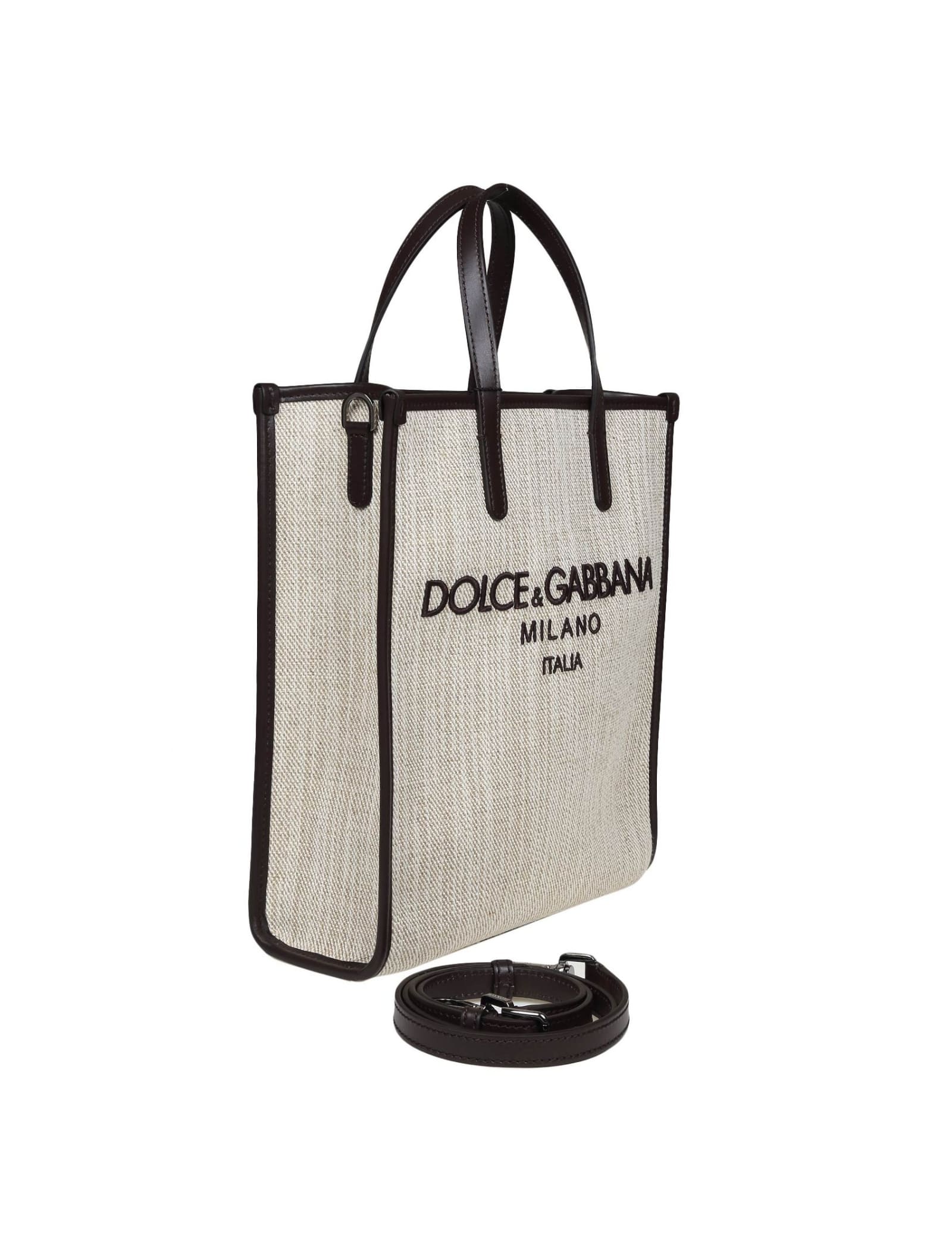 Shop Dolce & Gabbana Small Shopping Bag In Canvas With D&g Milano Logo In Beige