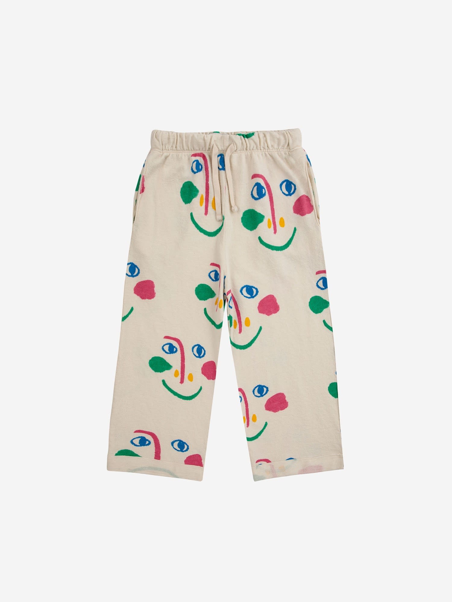 Bobo Choses Kids' White Trousers For Girl With All-over Multicolor Face Pattern