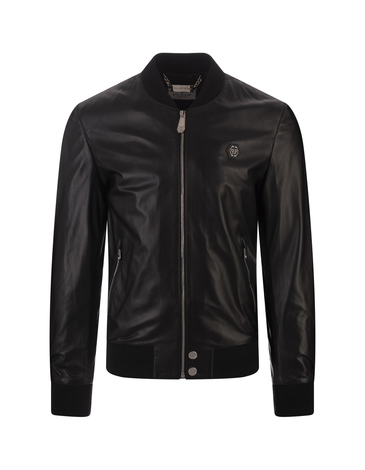 Shop Philipp Plein Black Leather Bomber Jacket With Pp Hexagon