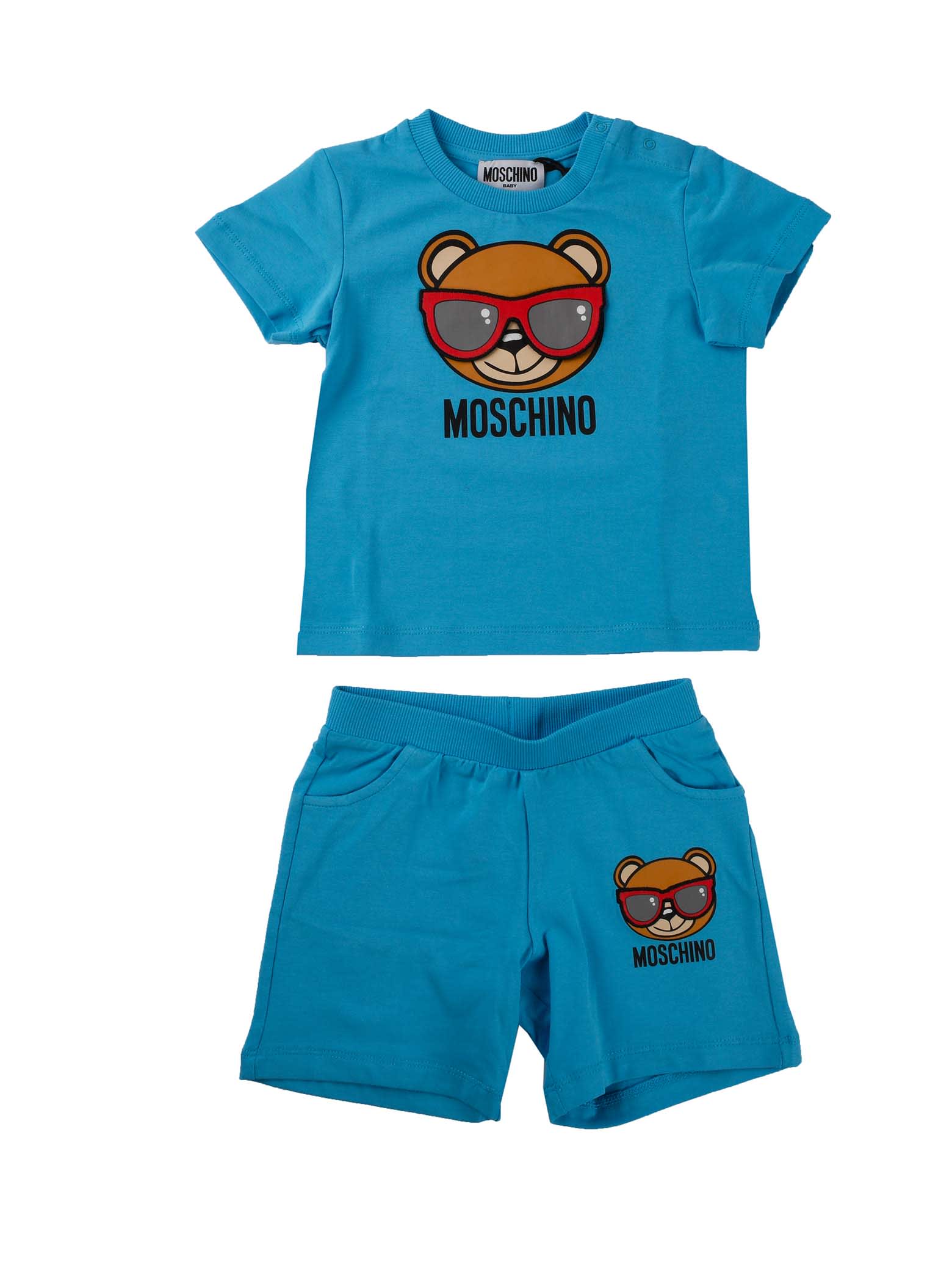 Moschino Babies' Turquoise Jersey Set With Bear Print In Light Blue