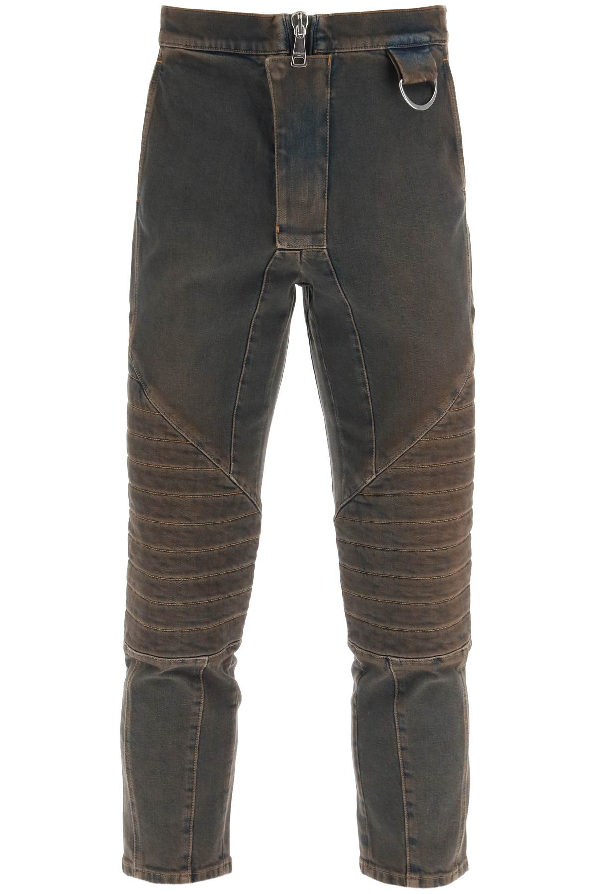 Shop Balmain Stretch Jeans With Quilted And Padded Inserts In Bleu Jean Dirty (brown)