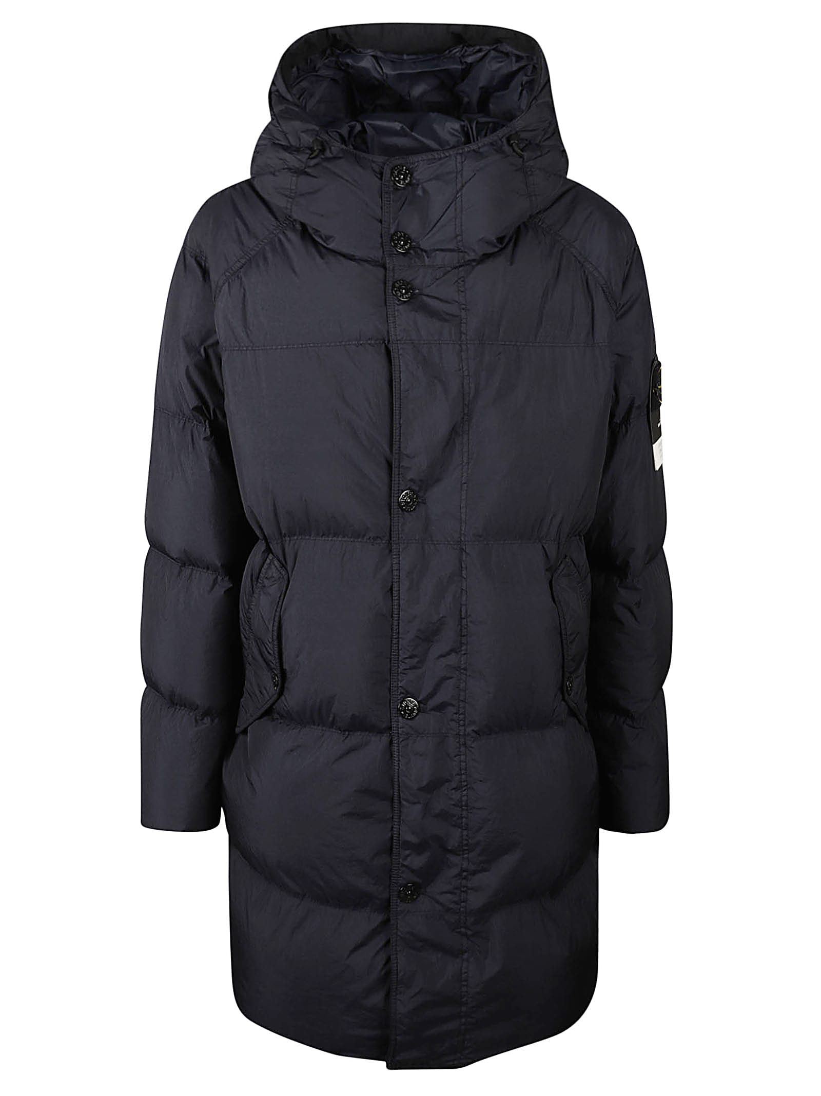 Shop Stone Island Logo Patched Long Padded Jacket In Blu