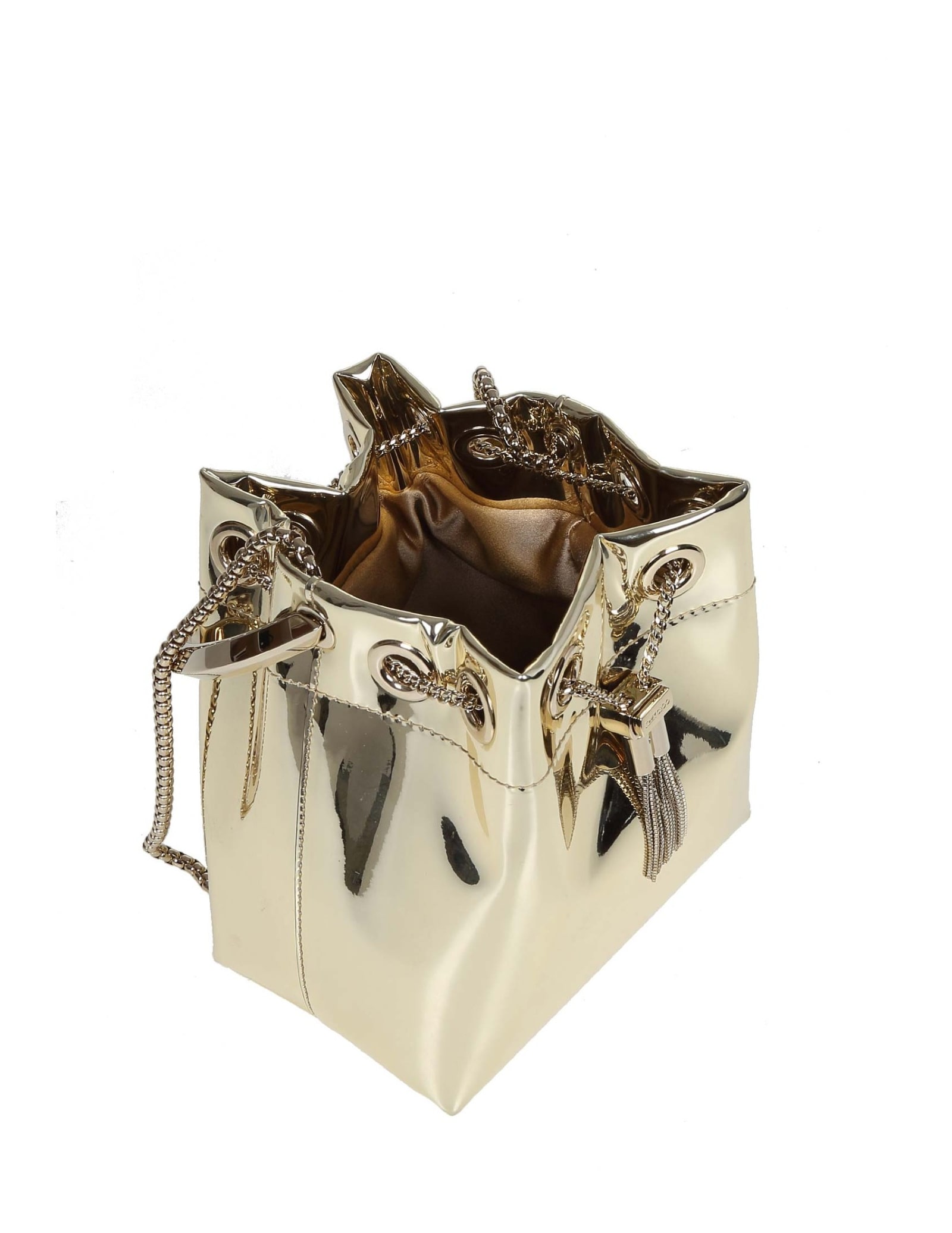 Jimmy Choo Shiny Mirror-effect Bon Bon Bag With Chain Drawstring And Metal Handle In Gold