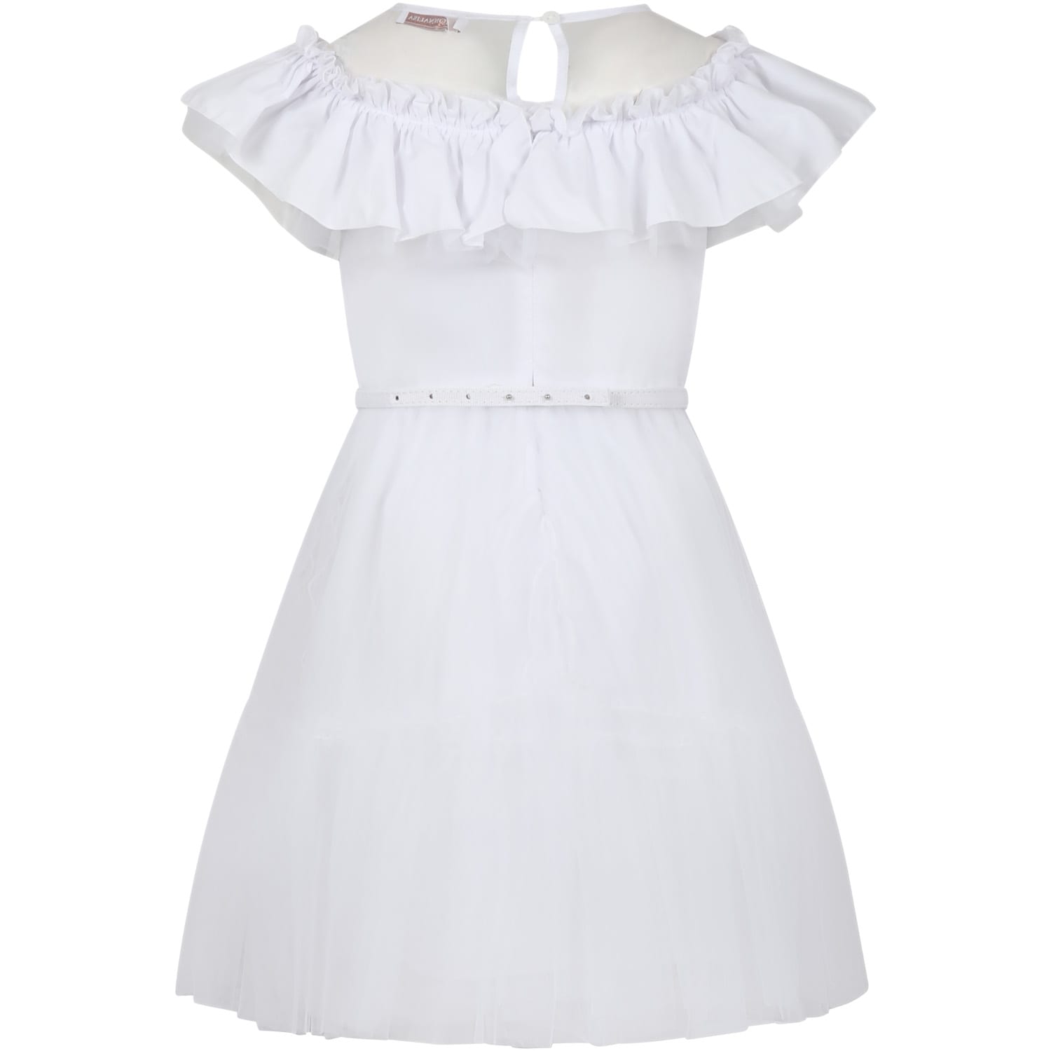 Shop Monnalisa White Dress For Girl With Tulle And Ruffles