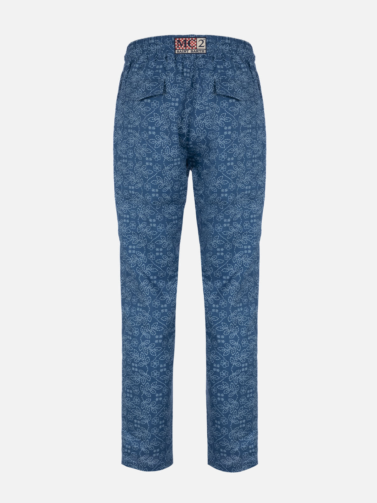 Mc2 Saint Barth Man Printed Linen Calais Pants With Drawstring In Blue