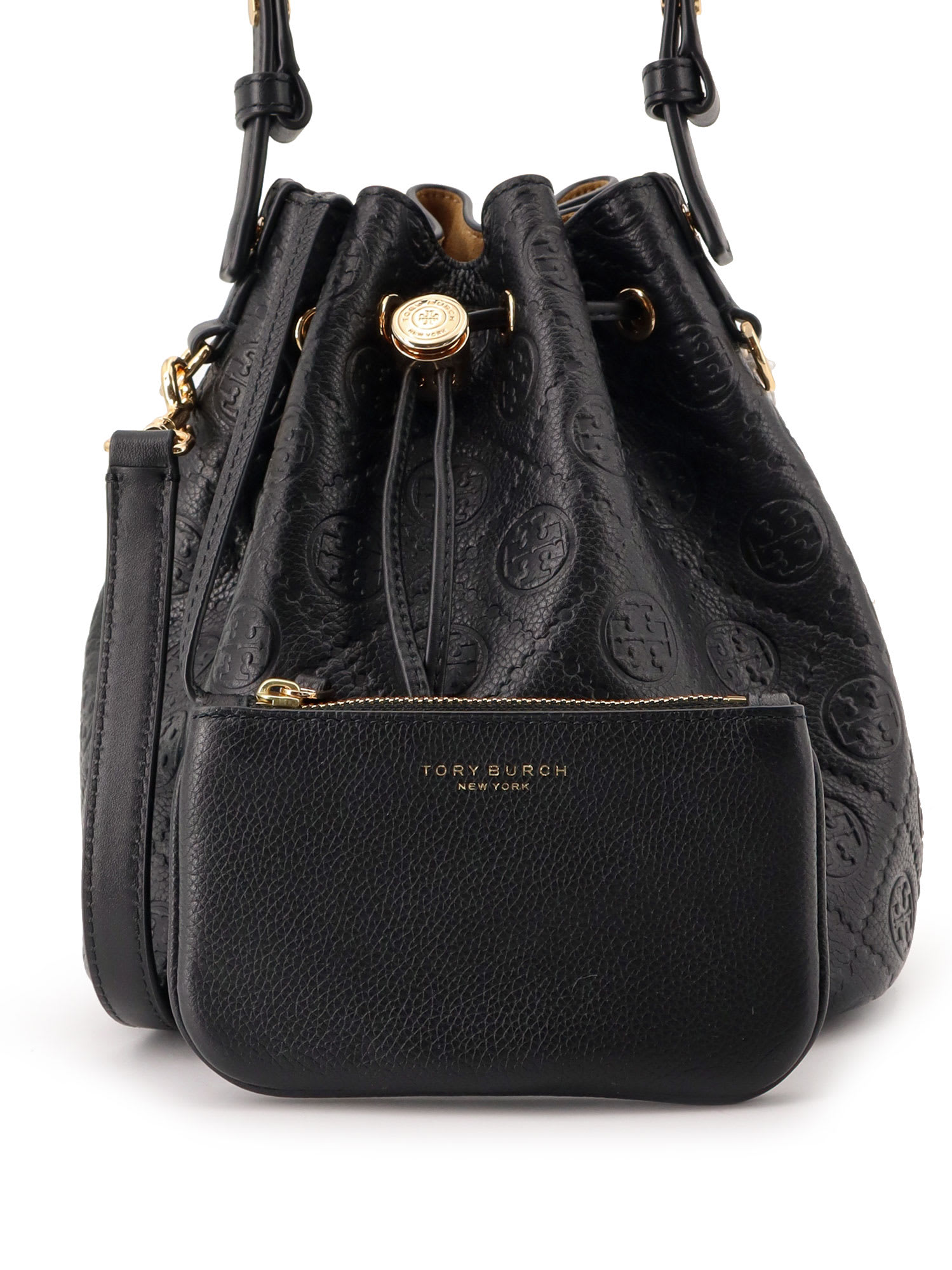 Tory Burch T Monogram Pebble Leather Bucket Bag In Black