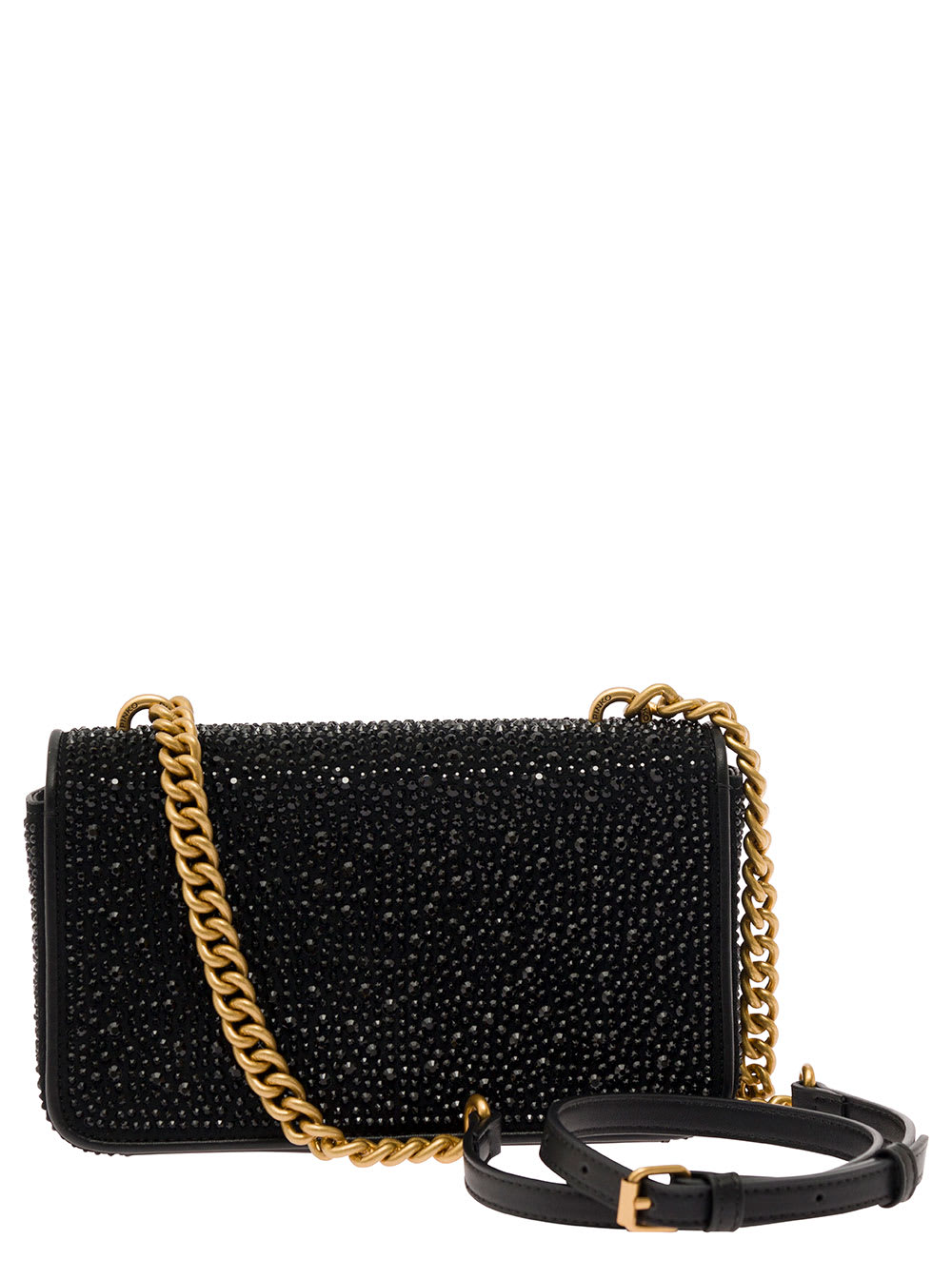 Shop Pinko Mini Love One Black Shoulder Bag With All-over Rhinestones In Suede Woman
