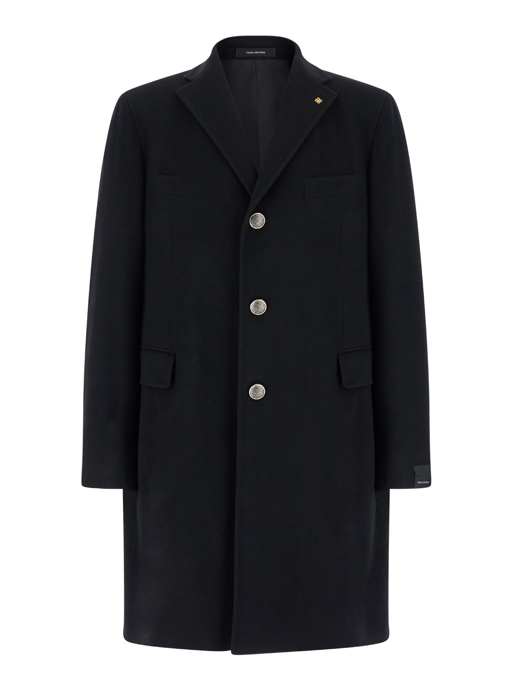 Shop Tagliatore Black Single-breasted Coat With Logo Pin In Wool Blend Man