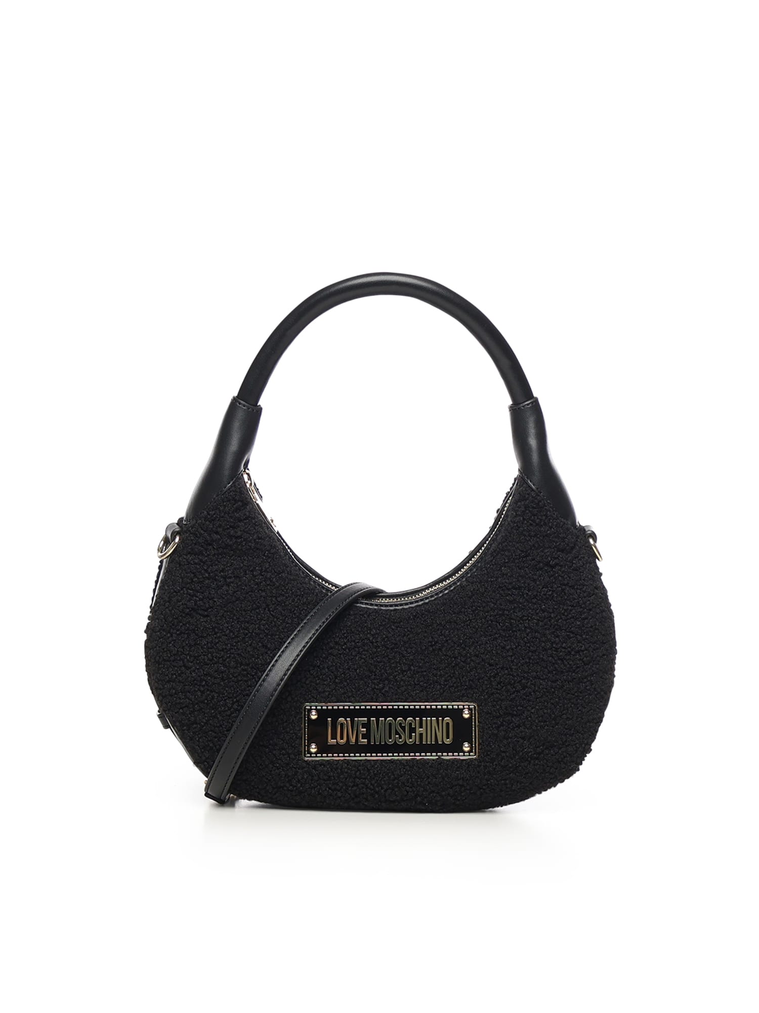 Love Moschino Faux-fur Logo-plaque Shoulder Bag In Black