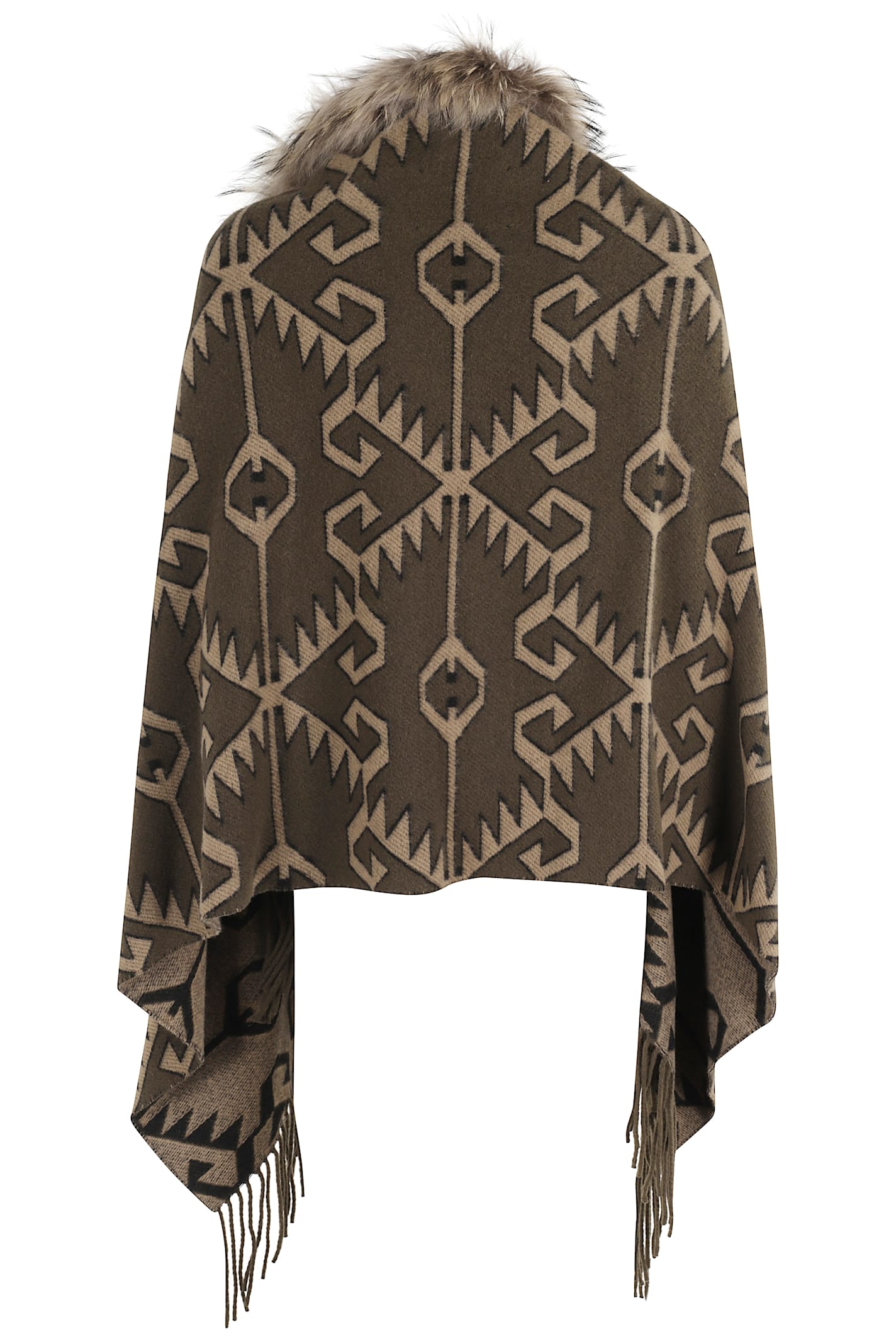 Bazar Deluxe Faux-fur Trimmed Geometric-pattern Cape In Brown