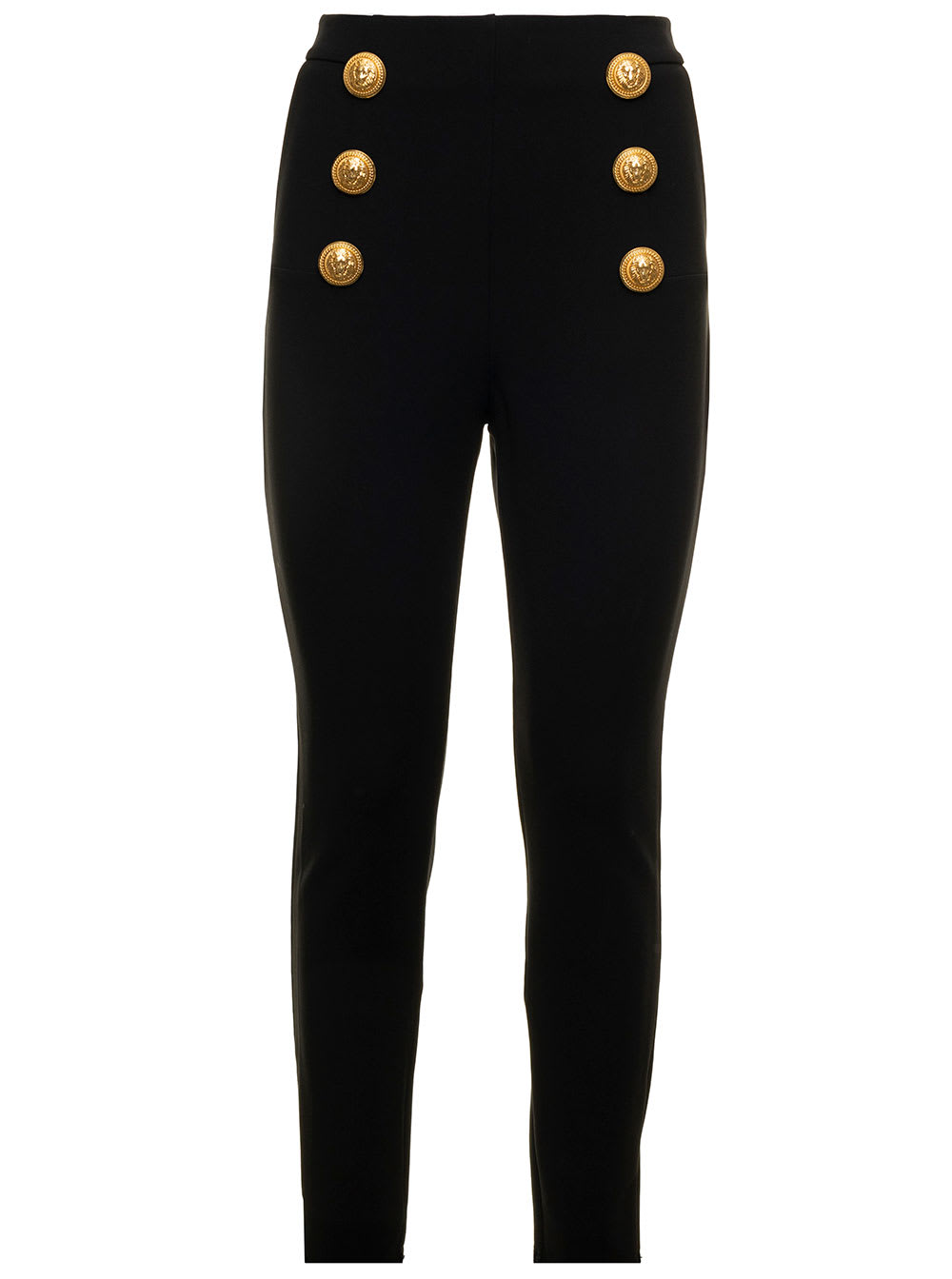Balmain Black Skinny Trousers In Stretch Knit With Embossed Gold-tone Dome Buttons In Gold-tone Balmain Woman