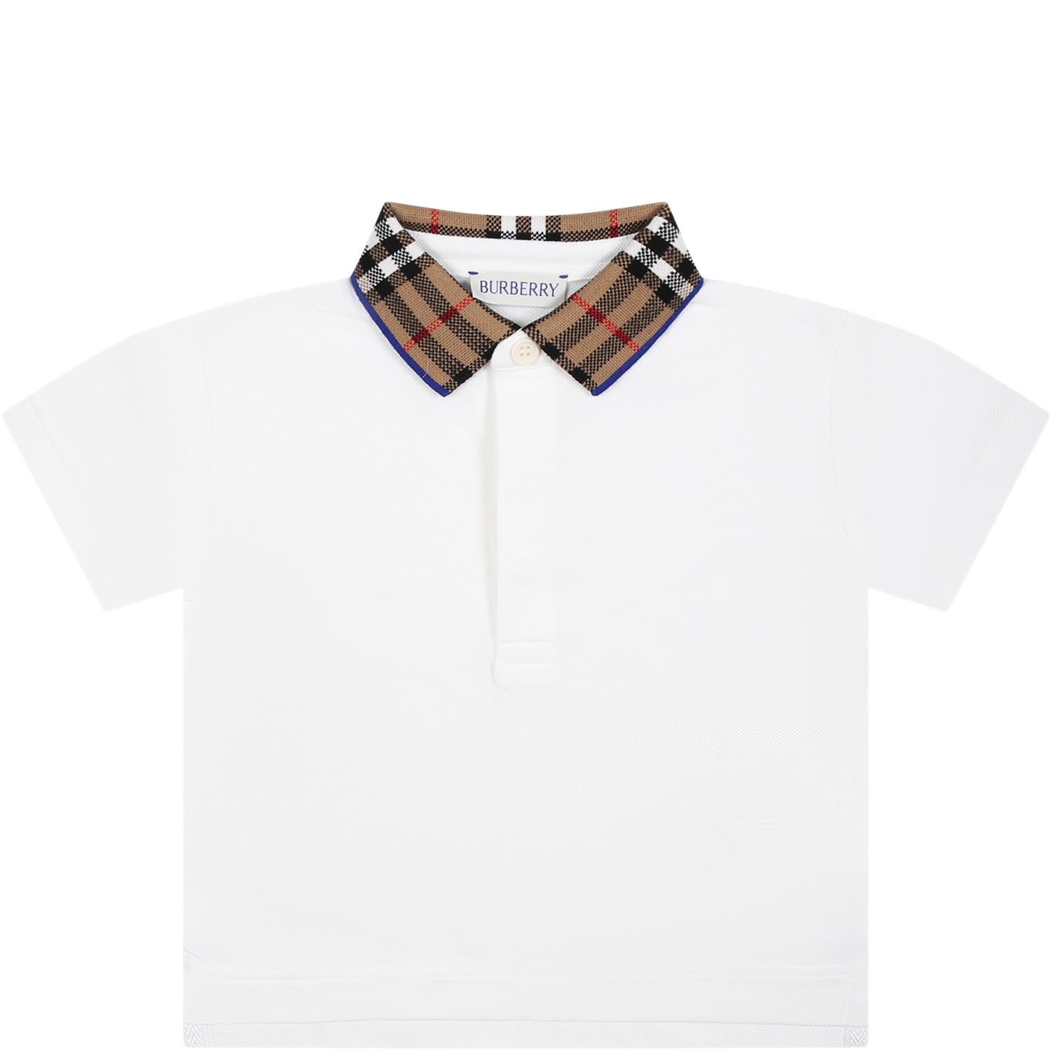 BURBERRY WHITE POLO SHIRT FOR BABY BOY WITH VINTAGE CHECK ON THE COLLAR