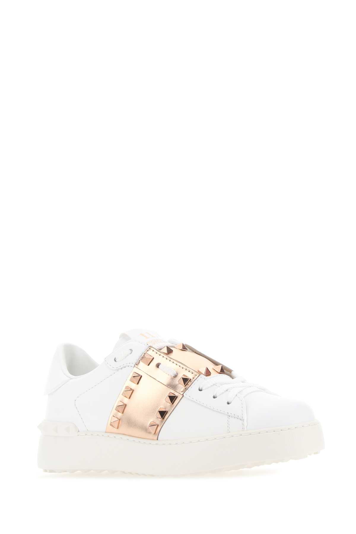 Shop Valentino White Leather Rockstud Untitled Sneakers With Gold Rose Band In Biancoramebianco