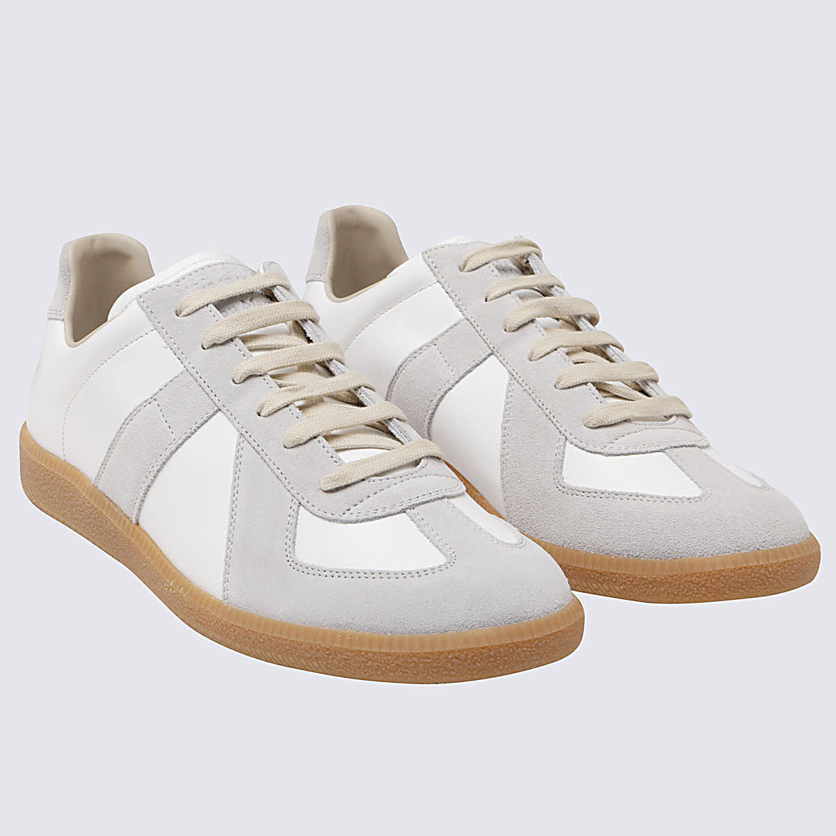 Shop Maison Margiela Off White Leather And Grey Suede Replica Sneakers In Beige