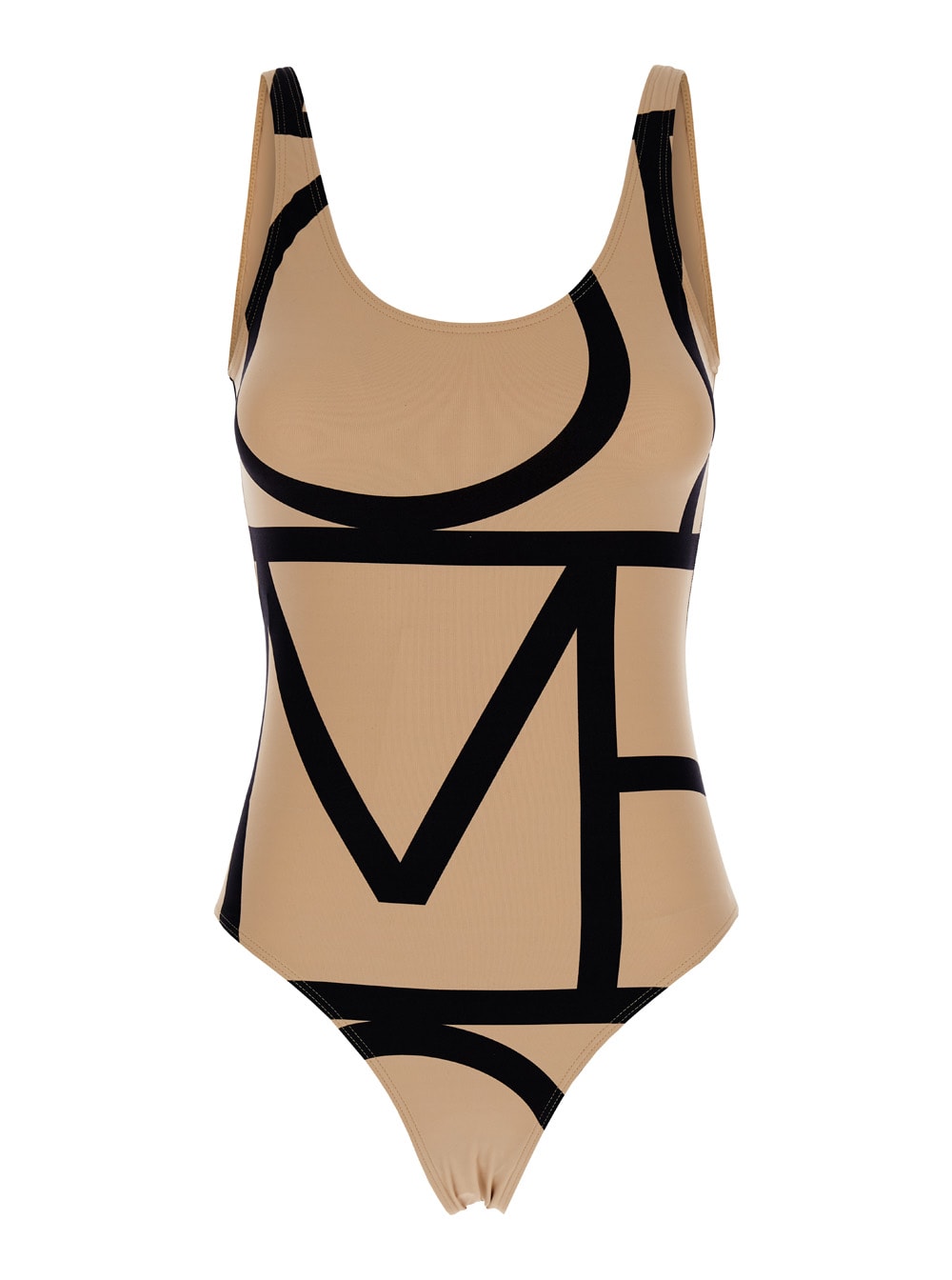 Shop Totême Beige Swimsuit With Black Details In Techno Fabric Woman