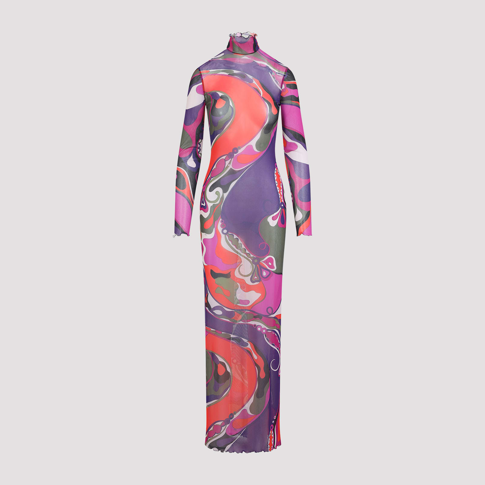 Pucci Sheer Long Sleeve Dress With Ruffled Collar In Multi