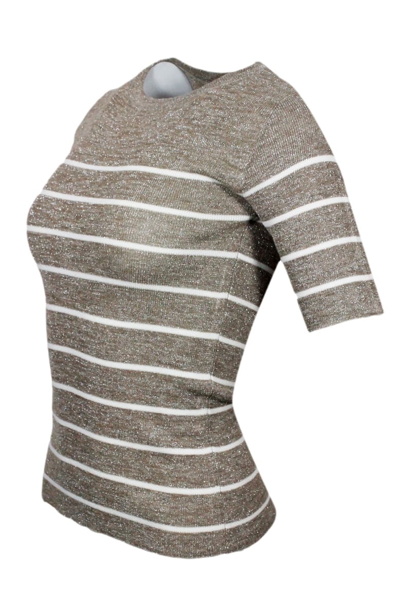 Shop Brunello Cucinelli Crew-neck And Short-sleeved Linen Blend Sweater With Striped Pattern In Beige