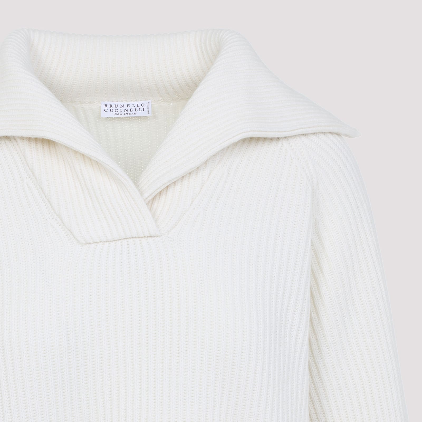 Brunello Cucinelli Wide Collar Ribbed Knit Sweater In White