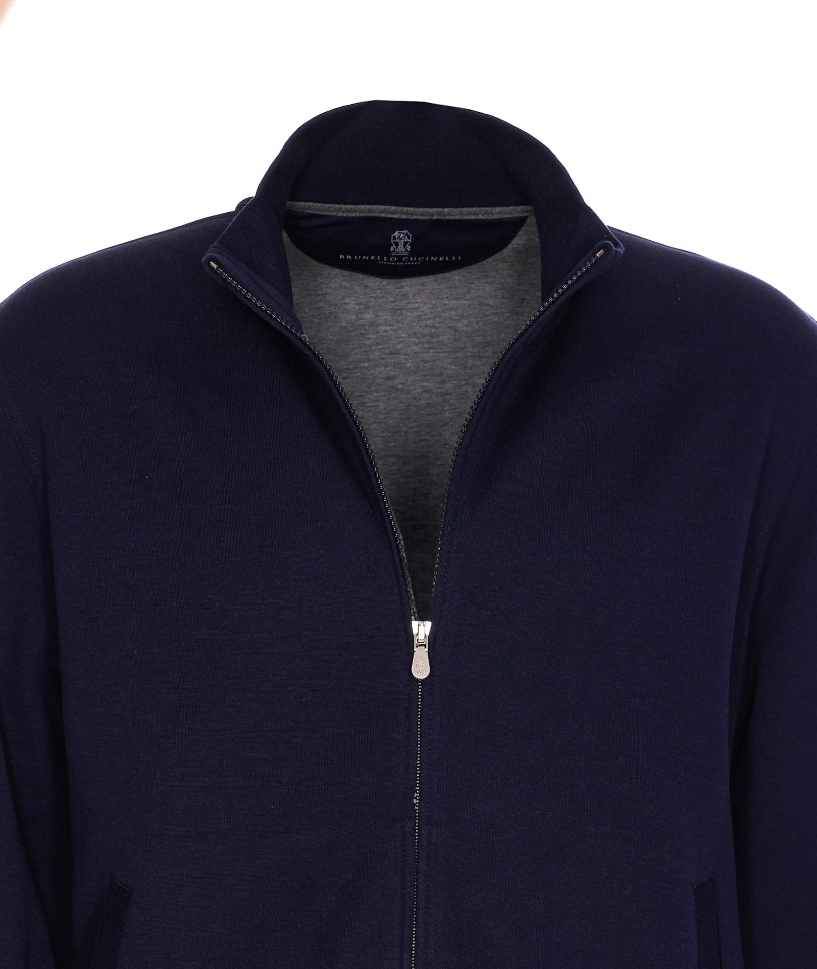 Brunello Cucinelli Zip-up Blue Sweatshirt With High Collar And Relaxed Fit In Blue