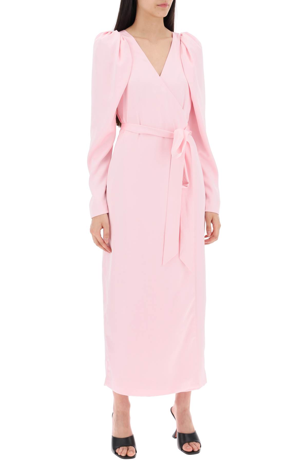 Shop Rotate Birger Christensen Satin Wrap Midi Dress With A Crossover In Blushing Bride (pink)