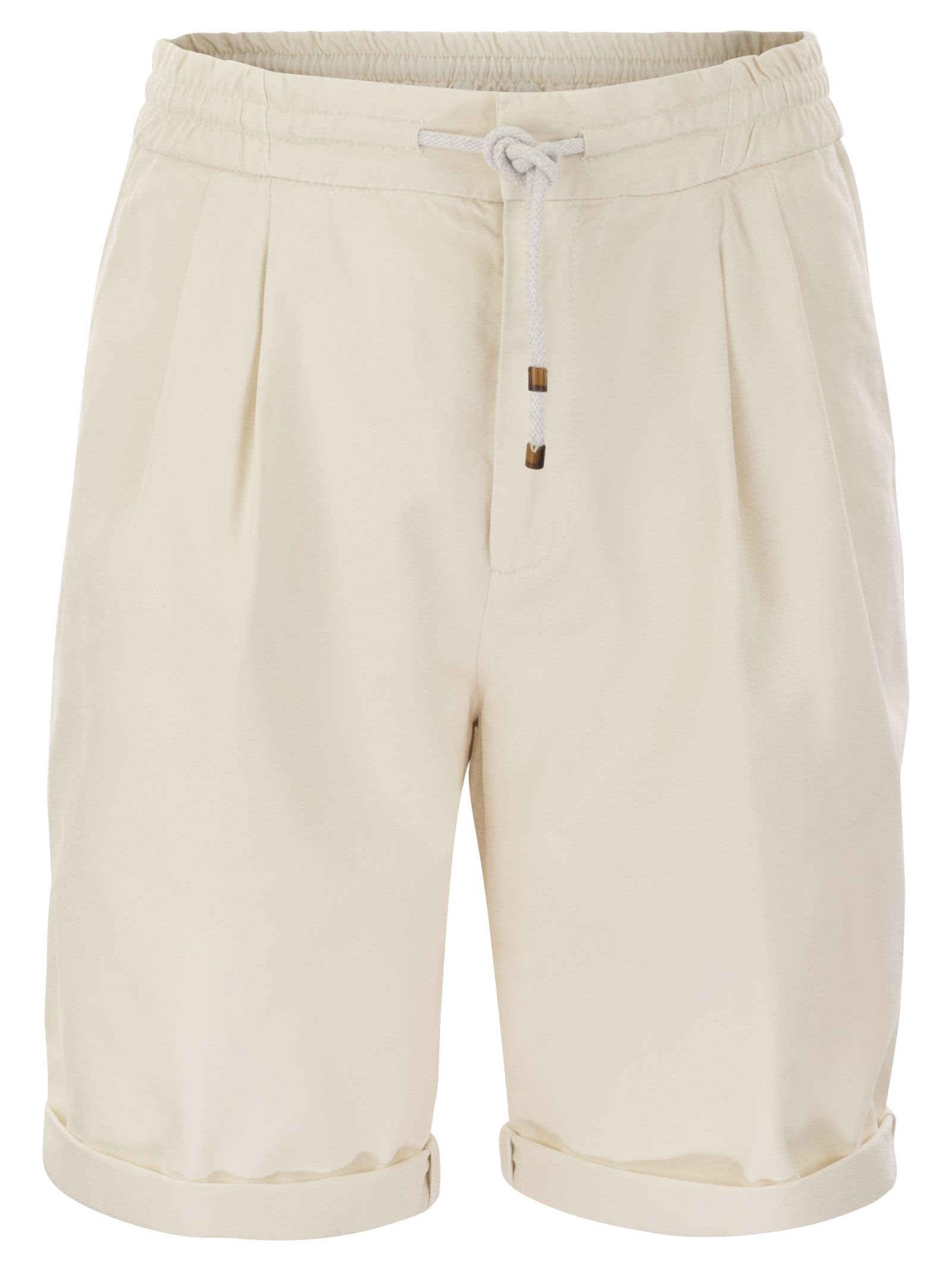 Bermuda Shorts In Garment-dyed Cotton Gabardine With Drawstring And Double Darts