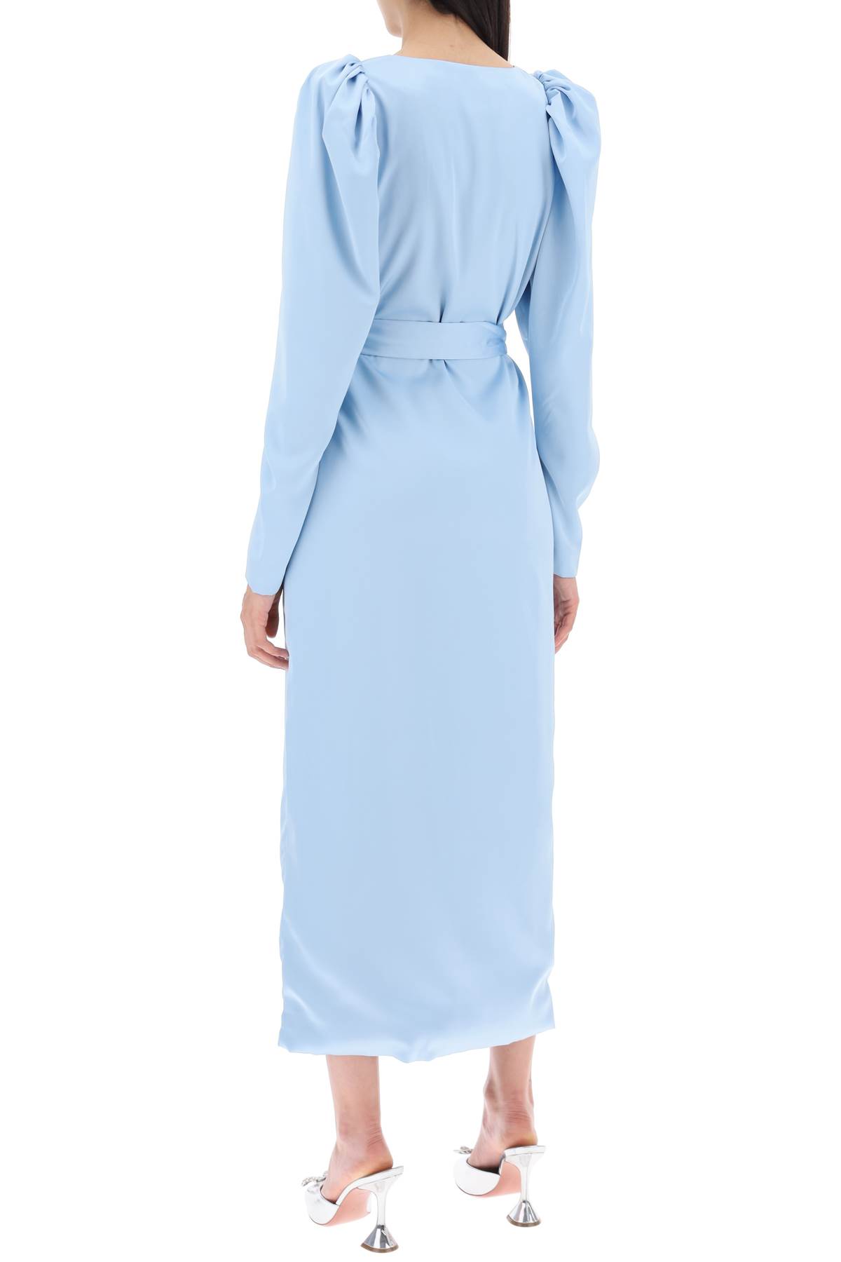 Shop Rotate Birger Christensen Satin Wrap Midi Dress With A Crossover In Placid Blue (light Blue)