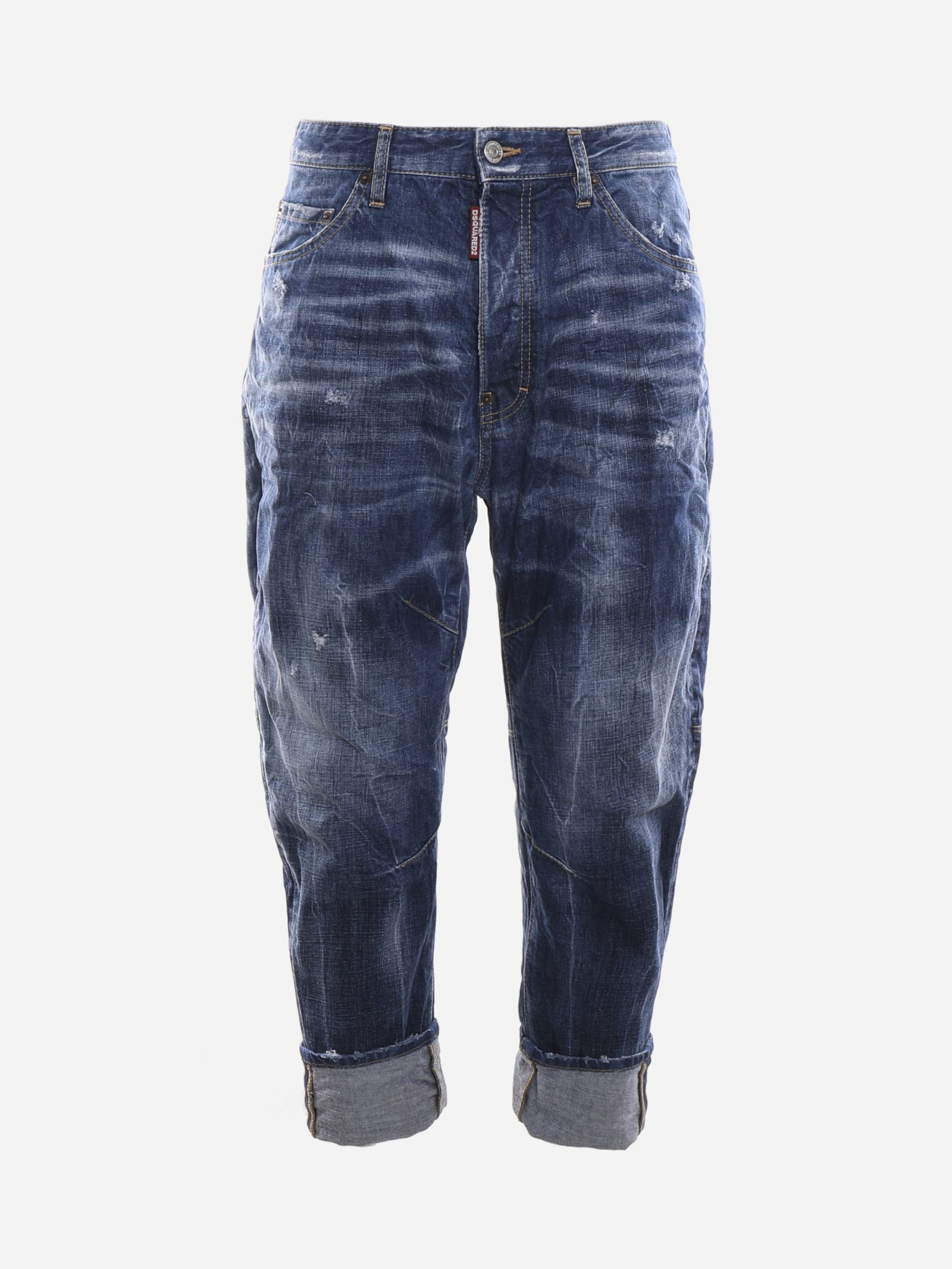 Dsquared2 Faded-effect Stretch Cotton Jeans With Turn-ups In Blue