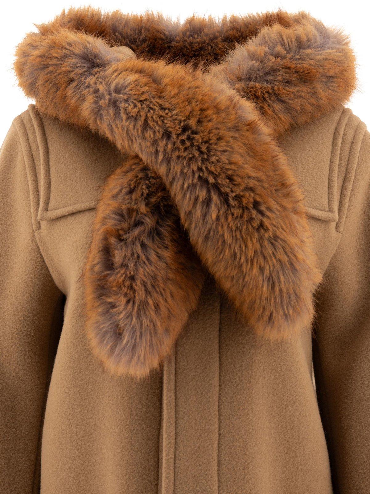 Shop Burberry Faux-fur Trim Long Sleeved Duffle Coat In Brown