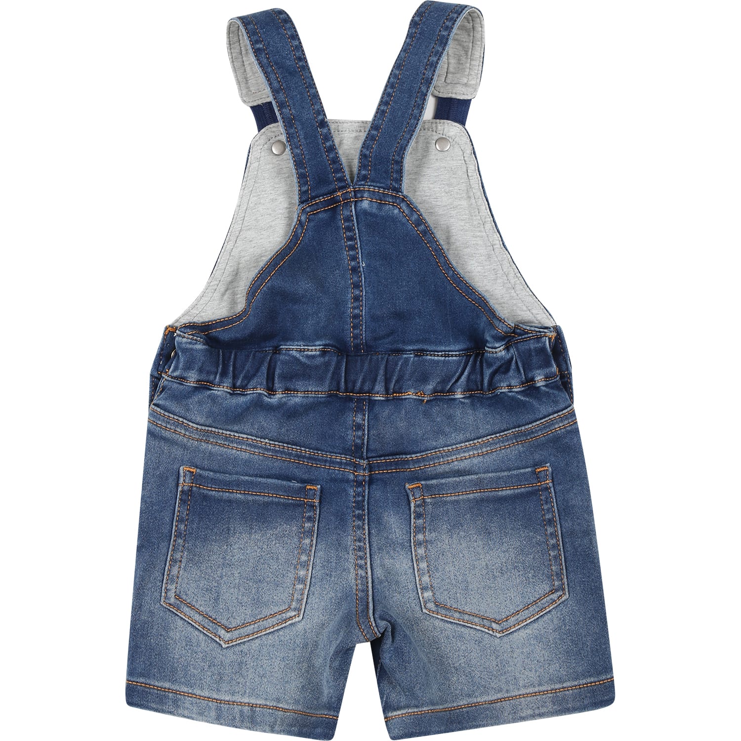 Shop Moschino Blue Dungarees For Babykids With Teddy Bear And Logo In Denim