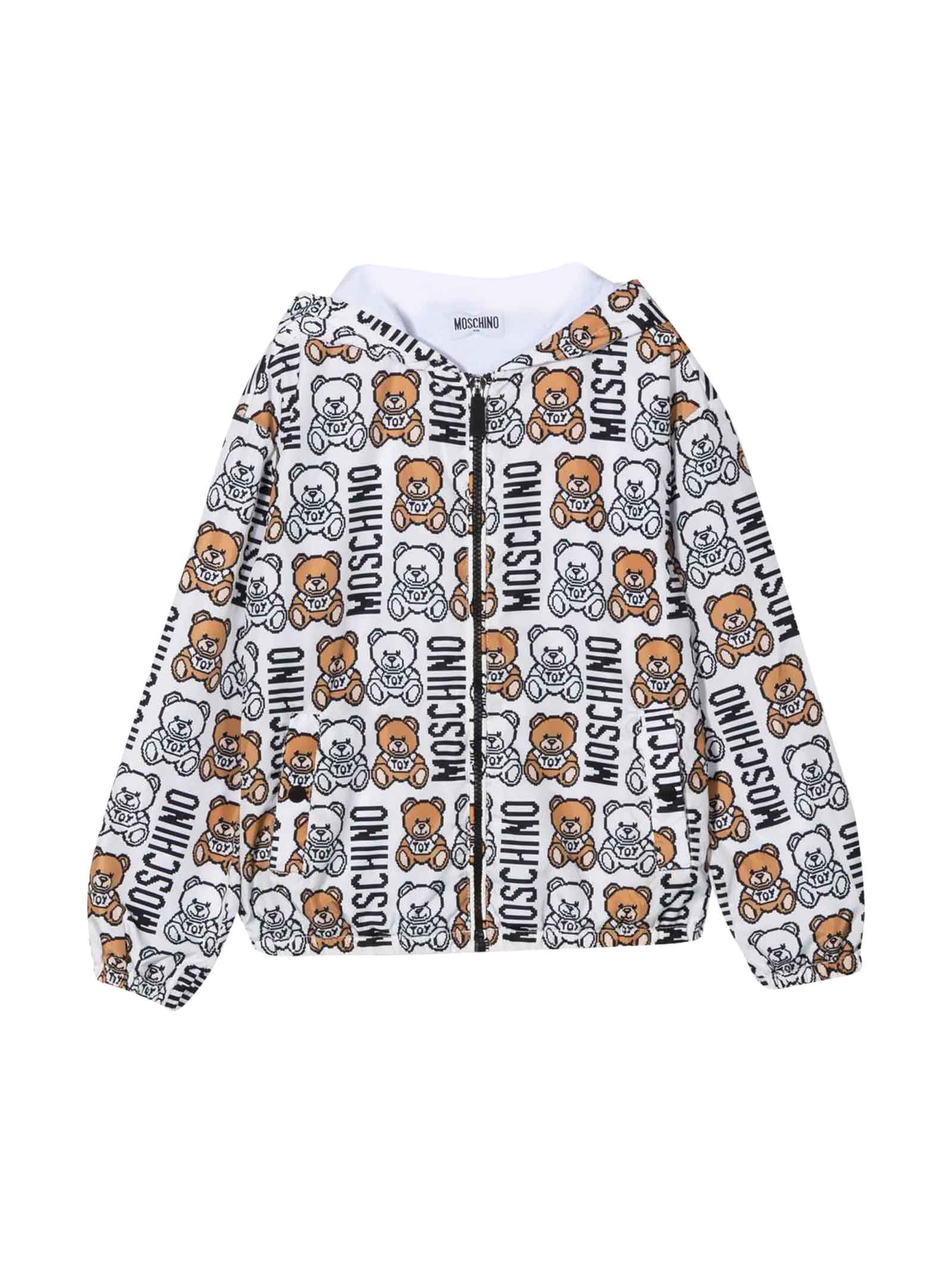 Moschino White Lightweight Jacket With Toy Print, Hood And Zip