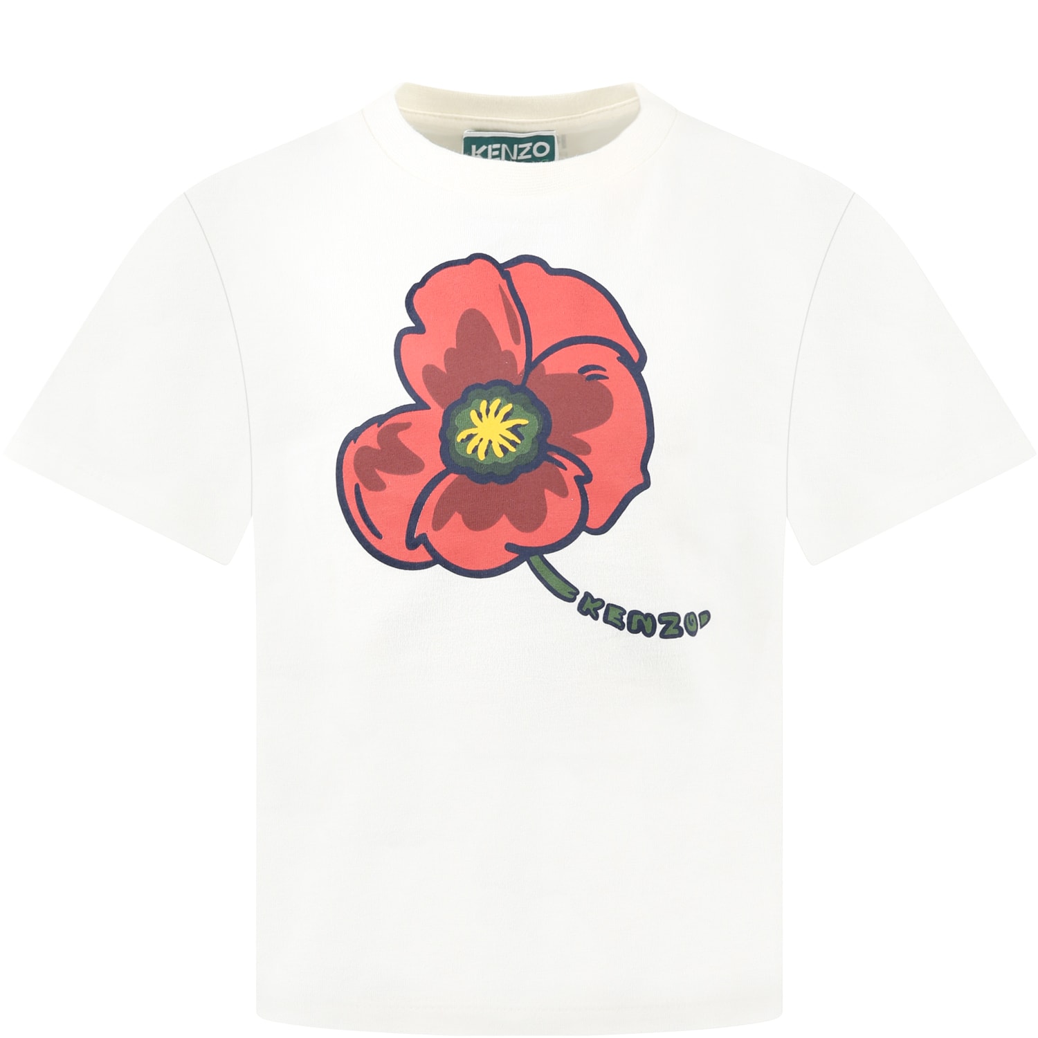 KENZO WHITE T-SHIRT FOR GIRL WITH ICONIC RED POPPY AND LOGO