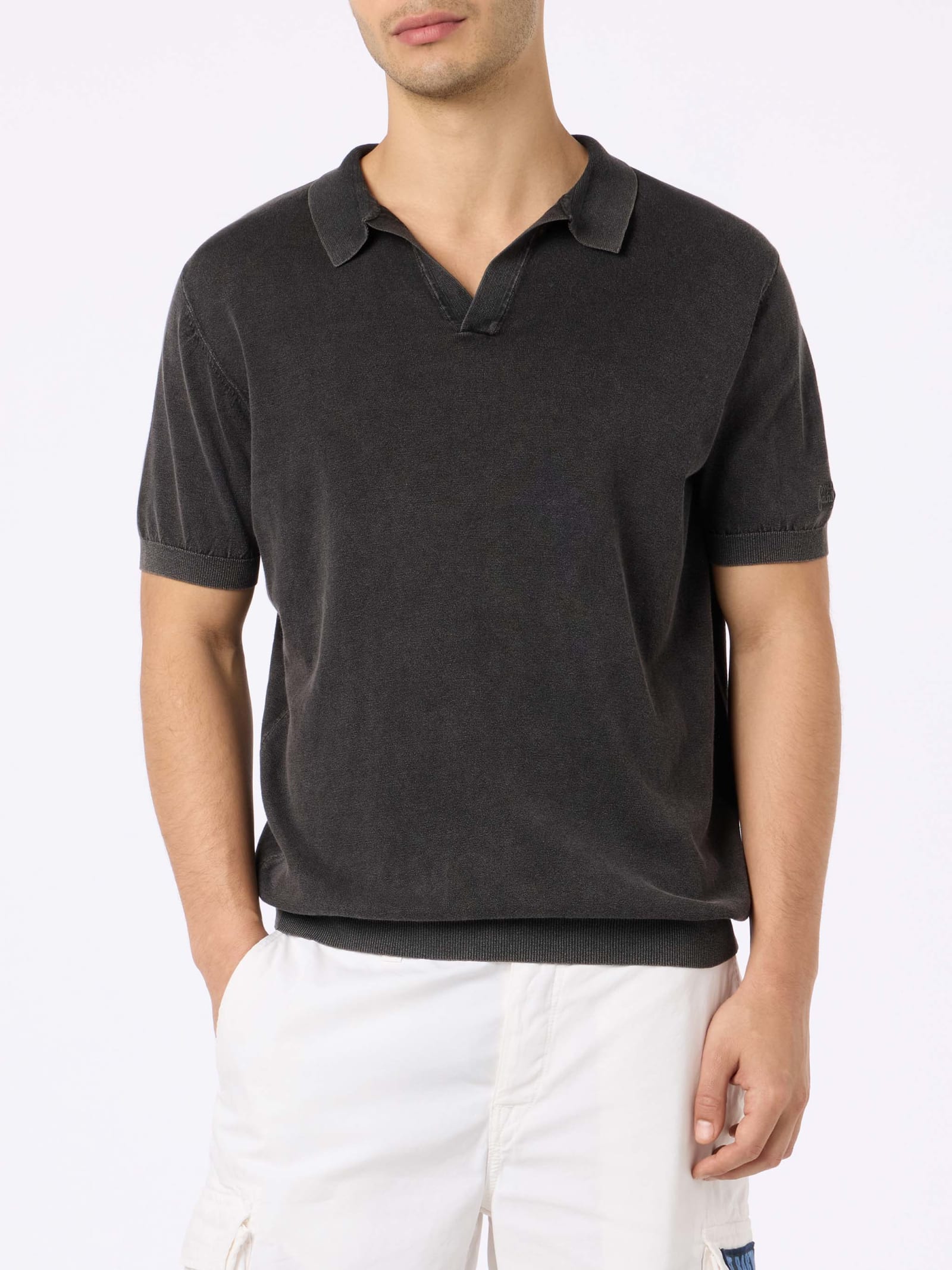 Mc2 Saint Barth Man Black Knit Polo Shirt Sloan With Vintage Treatment Effect In Black