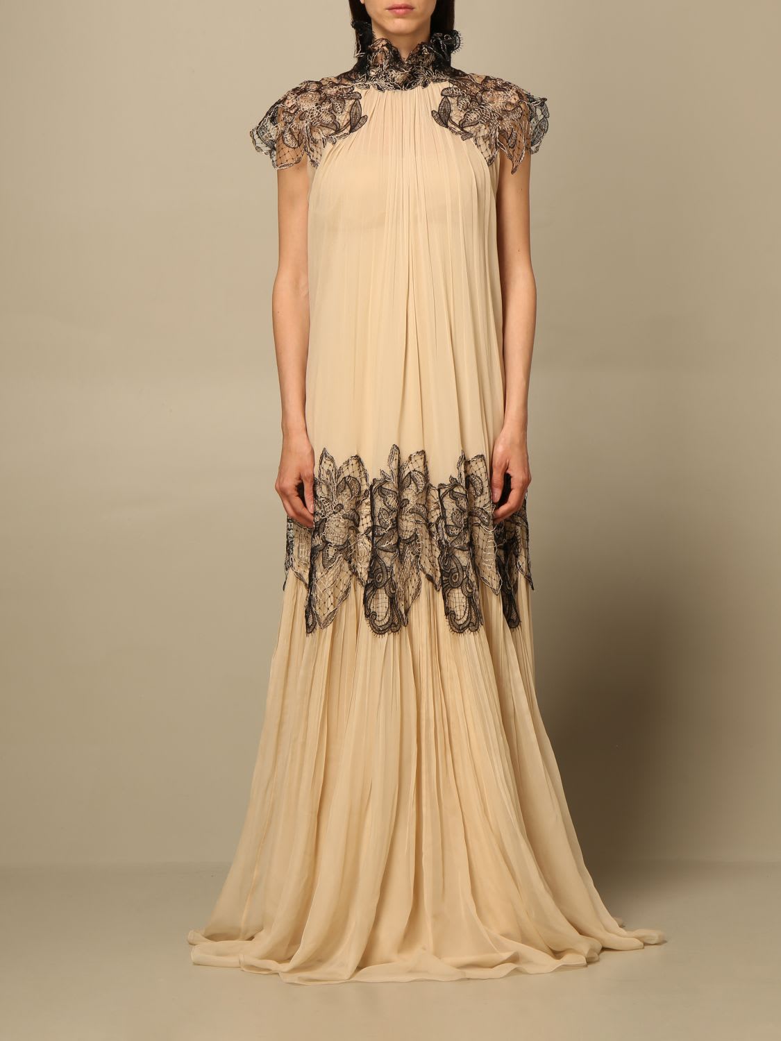 Alberta Ferretti Long Dress In Silk With Embroidery In Beige