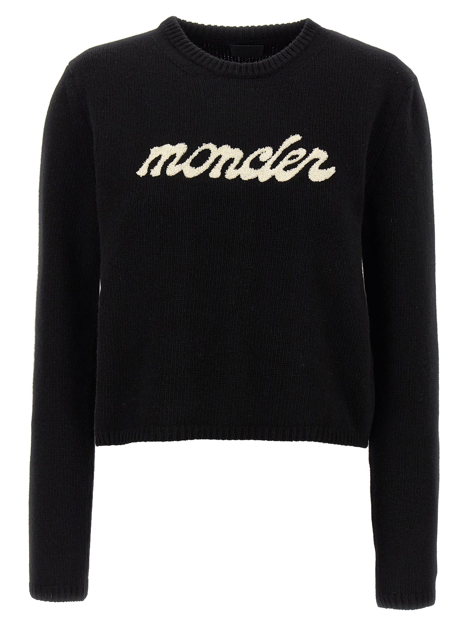 Moncler Embroidered Logo Wool Blend Sweater In Black