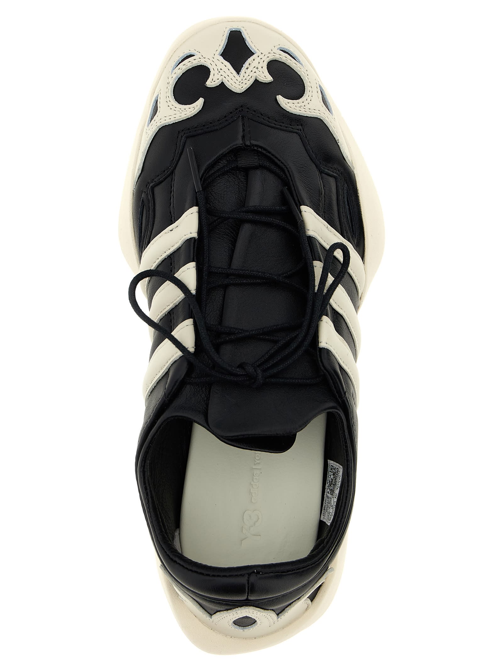 Y-3 Black Leather Sneakers With Cream Accents And Iconic Stripes In Black