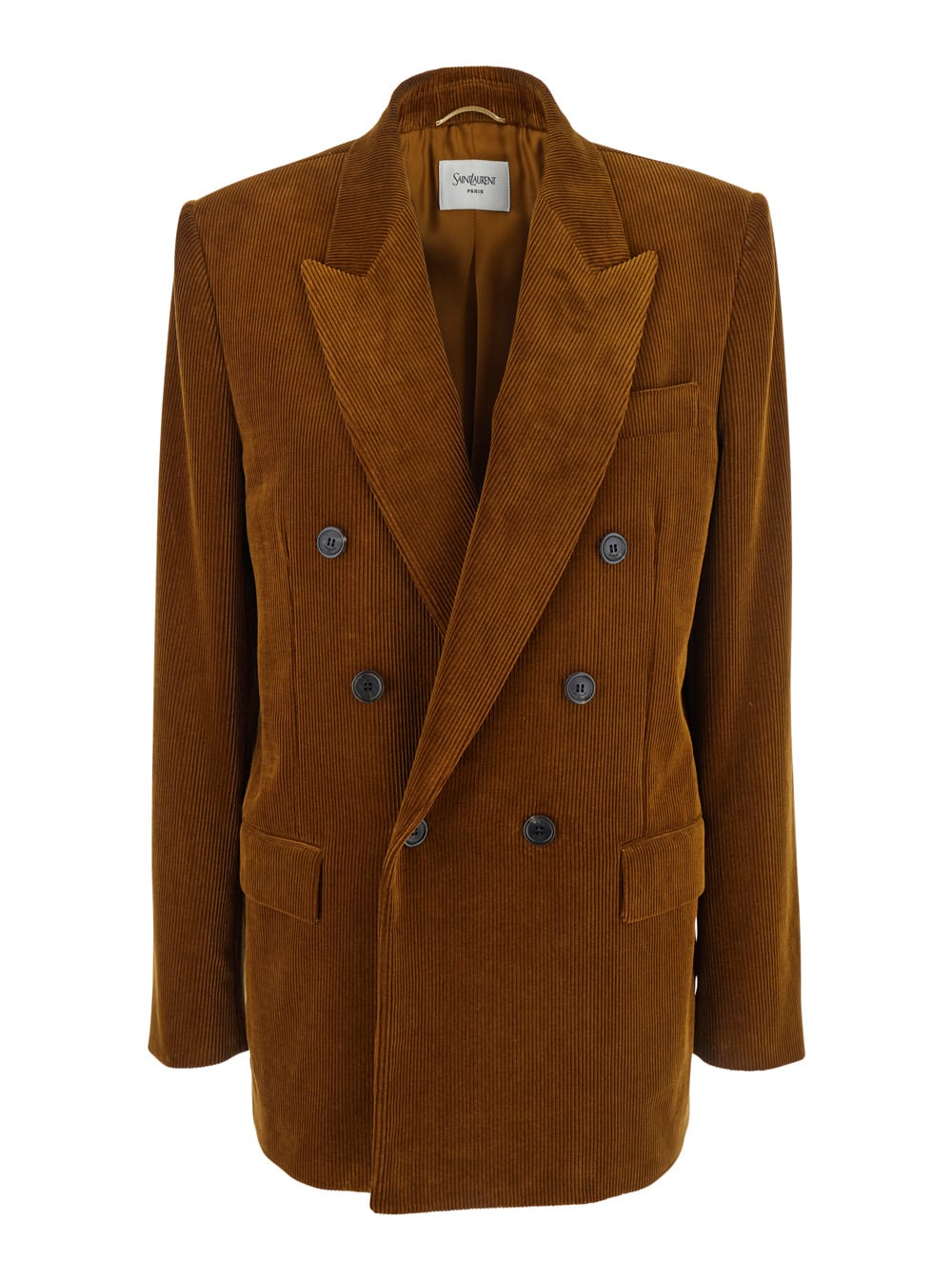 Saint Laurent Brown Double-breasted Jacket With Notched Revers And In Corduroy Woman