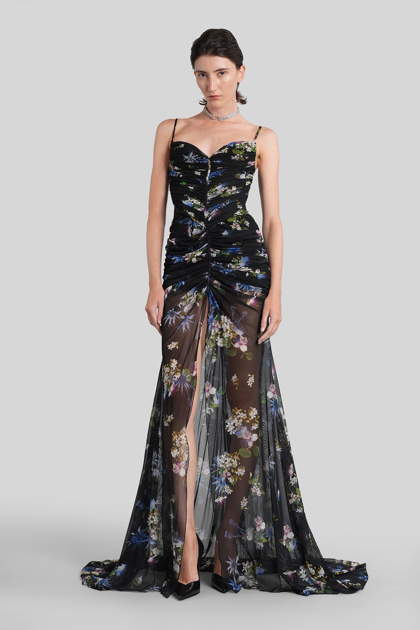 Blumarine Floral-print Ruched Maxi Dress In Black