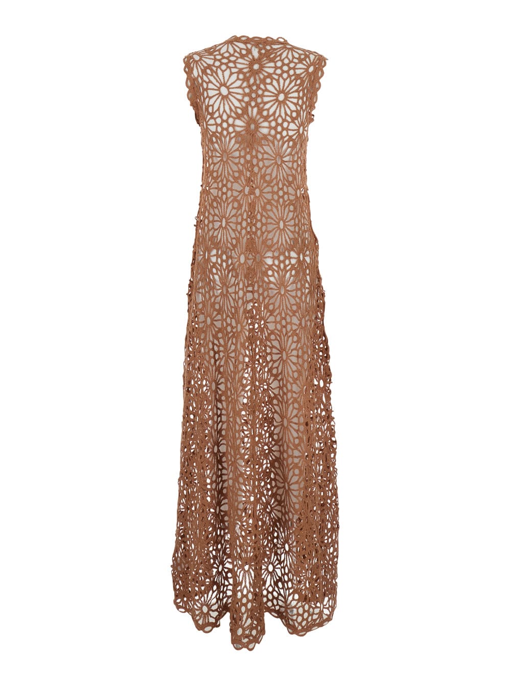 Shop Norma Kamali Swing Brown Long Dress With Perforated And Semi-transparent Design In Cotton Woman
