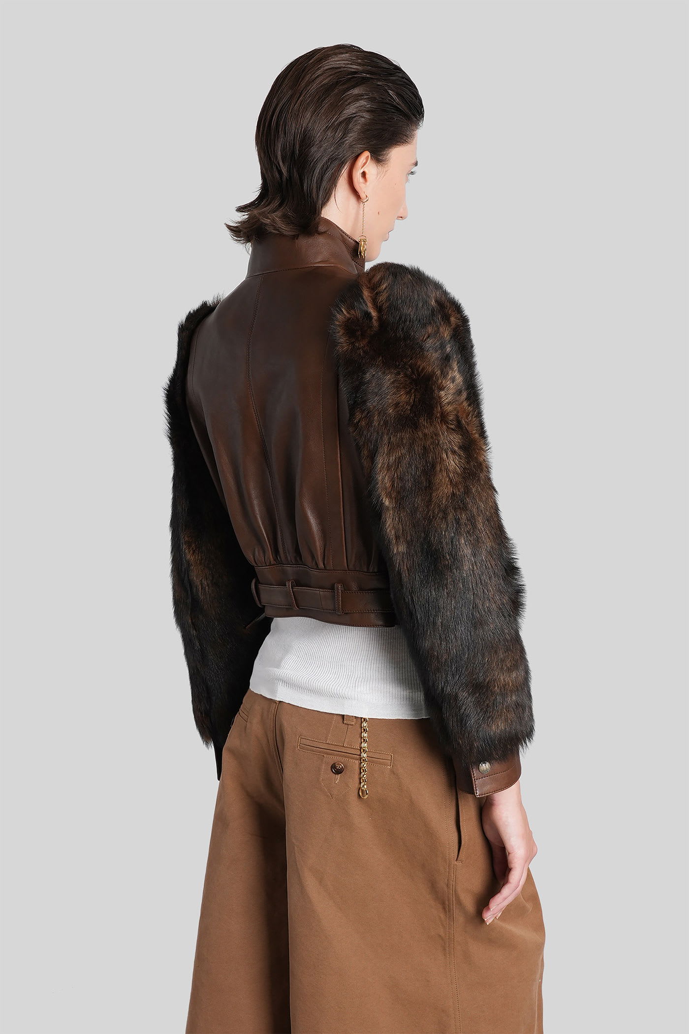 Chloé Leather Jacket With Belted Waist And Fur Sleeves In Brown