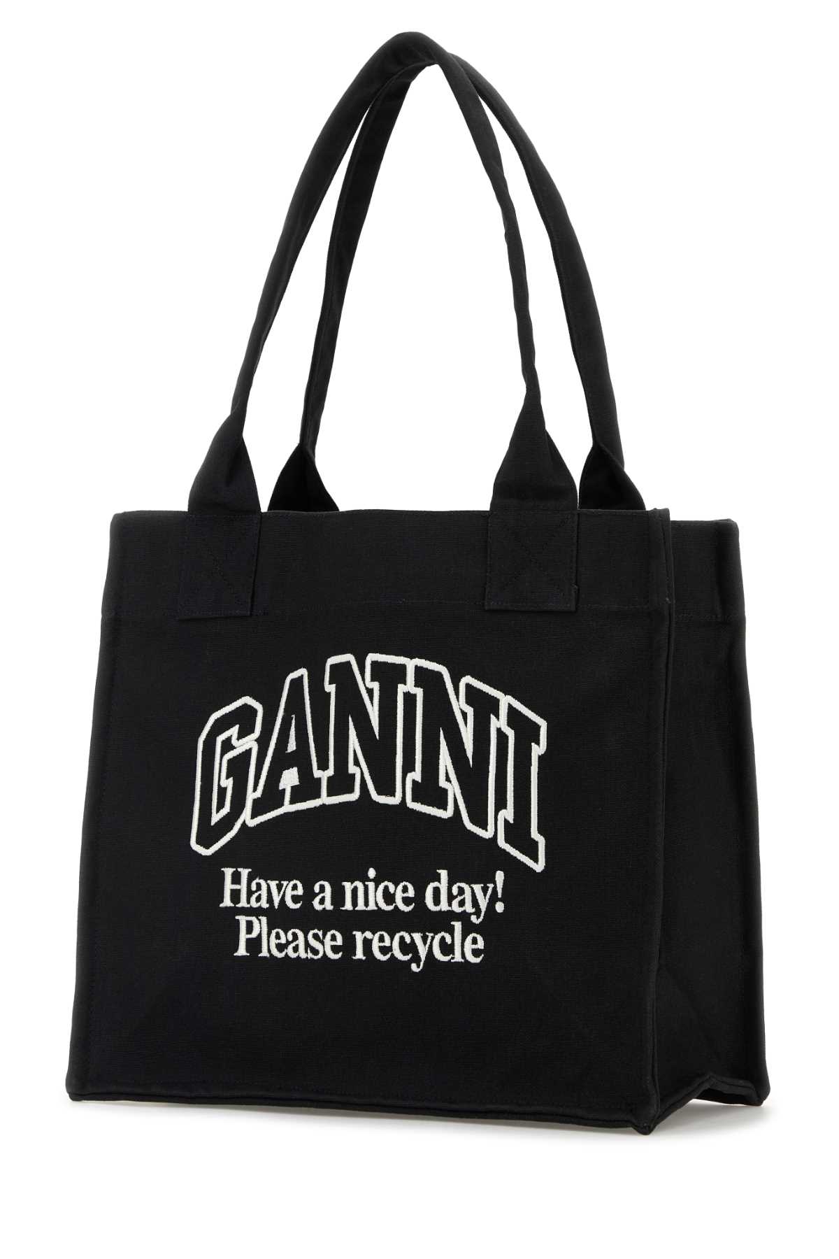 Ganni Black Canvas Shopping Bag In Black