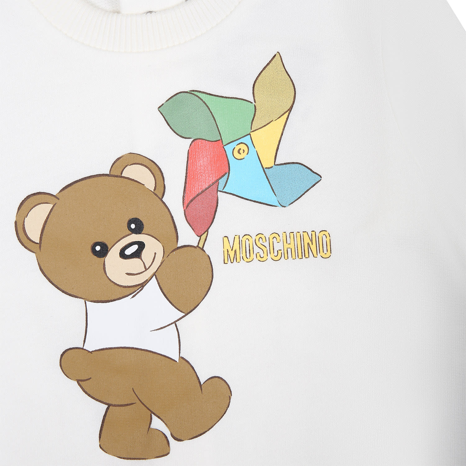 Shop Moschino Ivory Bodysuit For Babies With Teddy Bear And Multicolor Pinwheel