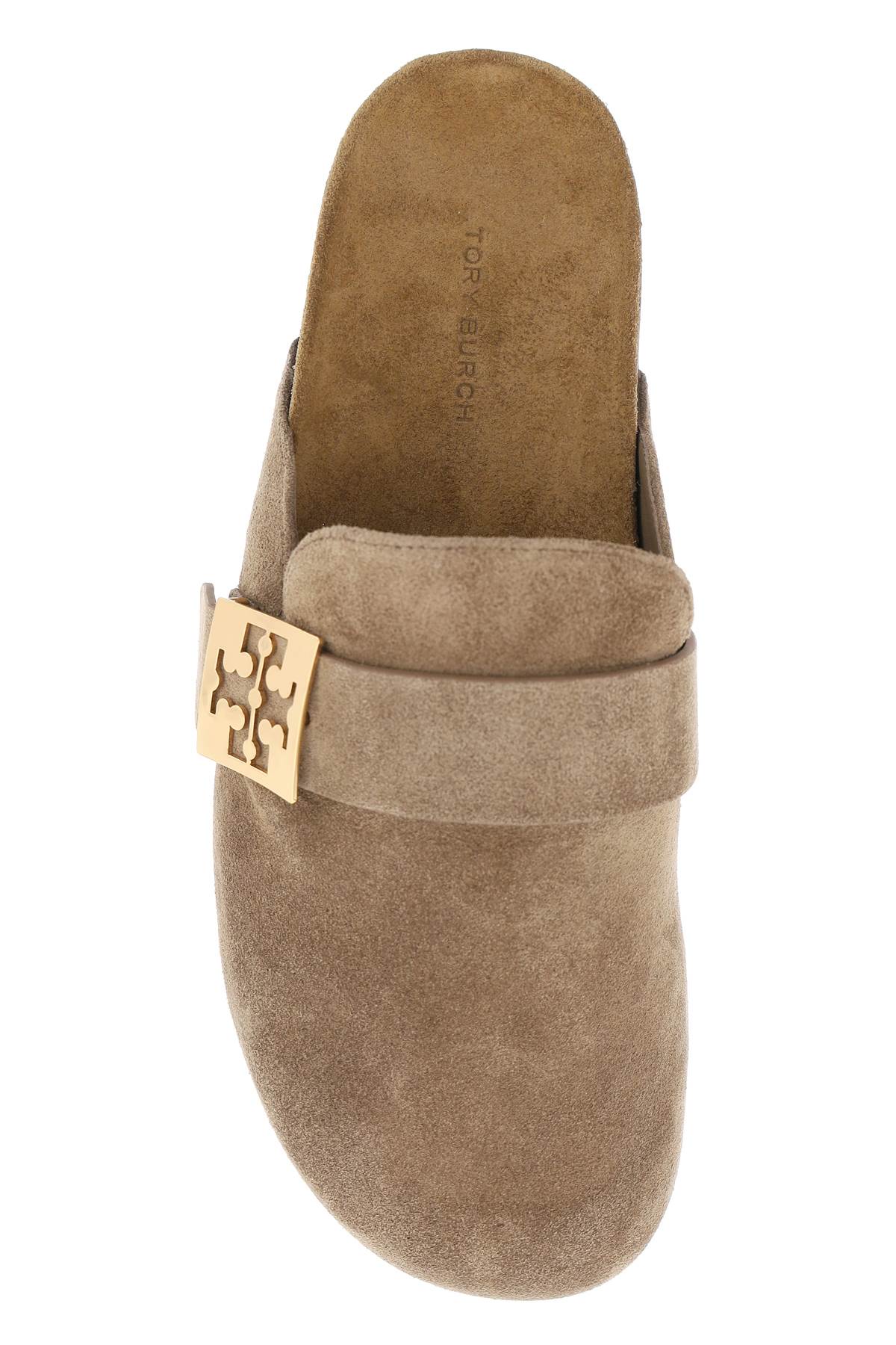 Tory Burch Mellow Logo Shearling Flat Mules In River Rock Gold (brown)