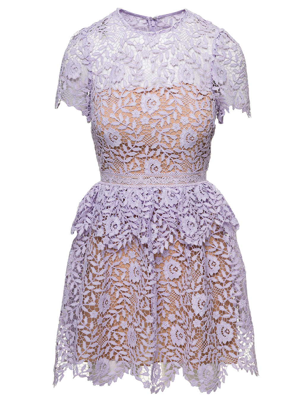 SELF-PORTRAIT GUIPURE PEPLUM DRESS WITH ALL-OVER FLORAL EMBROIDERY IN LILAC LACE WOMAN